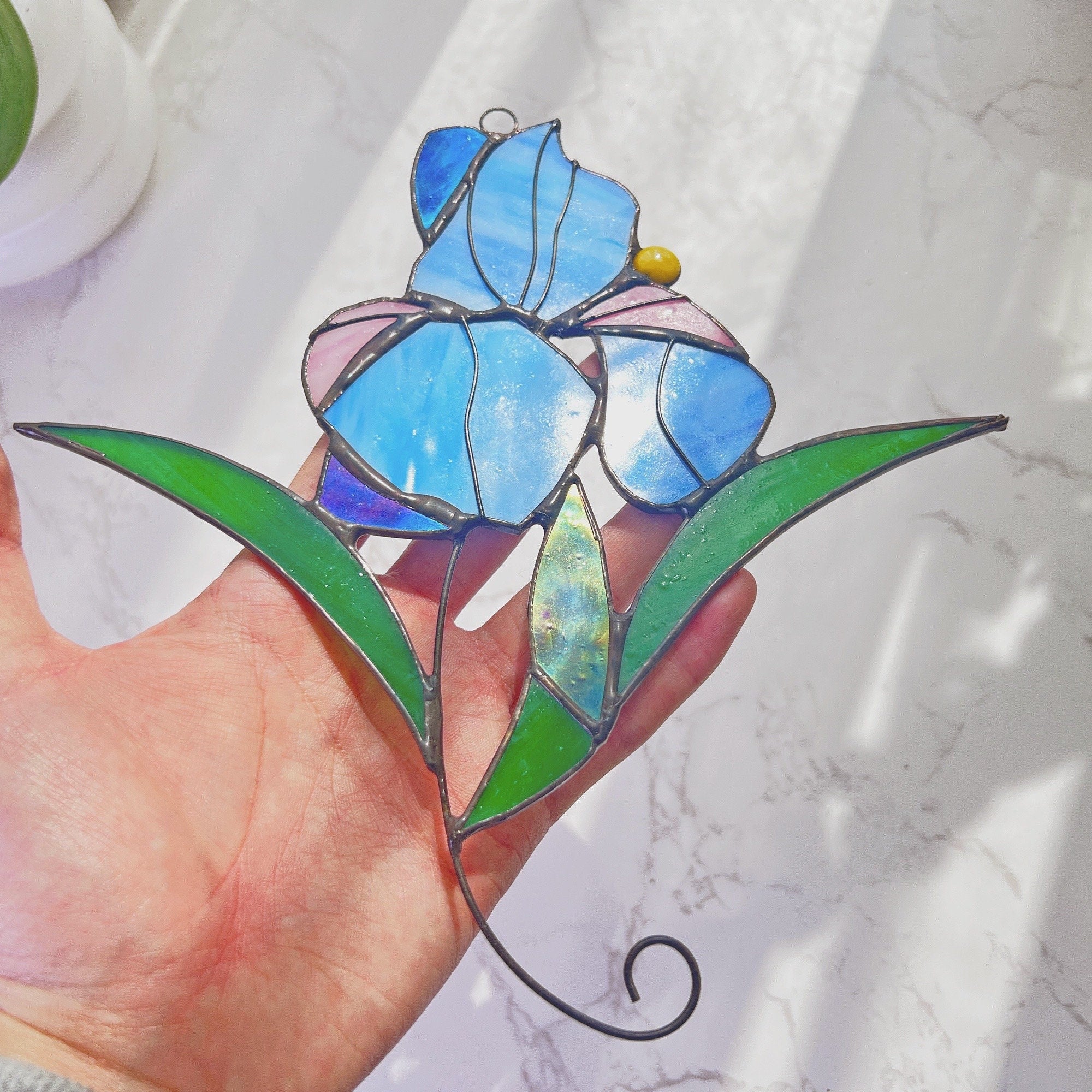 Iris Flower Stained Glass Sun Catcher Blue purple flower Stain Glass Window Hangings Wall decor gift for Mom Plant lover Mothers day Gift