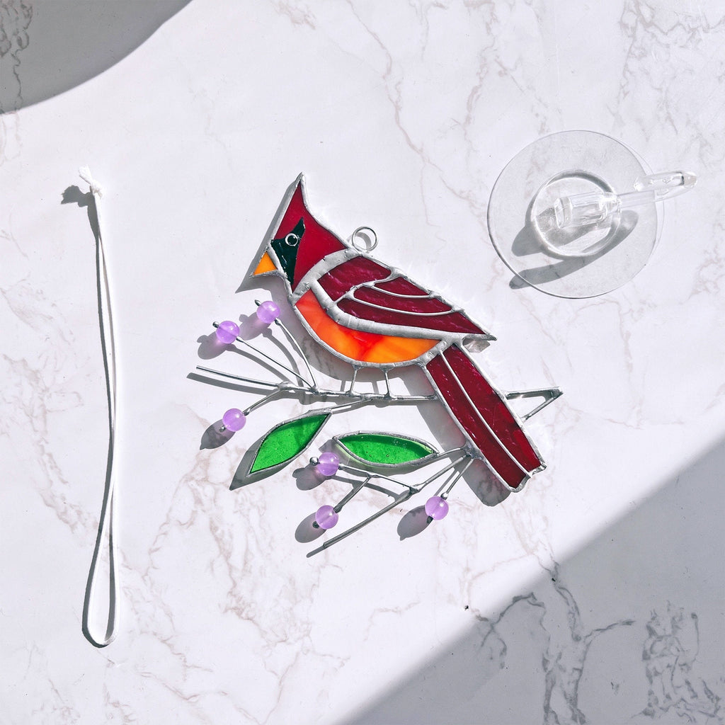 Cardinal stained glass window hangings Bird Branch Fathers Day gifts Stained glass bird suncatcher Cardinal gifts Custom stained glass decor
