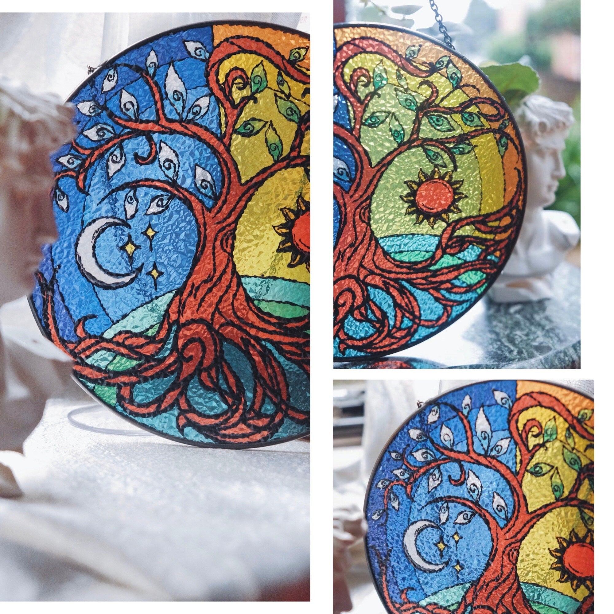 Tree of Life with Sun and Moon Stained Glass Window Hanging Suncatcher Yin Yang with Gradient Colors, Hand-Painted Glass Panel Decor