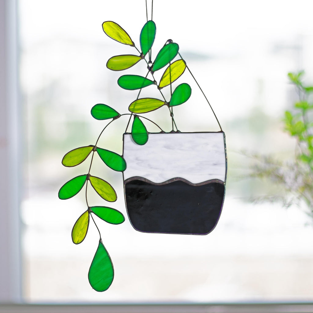 Large Boho Plant Stained Glass Hanging Plant Suncatcher Home Decor Glass Garden Decor Botanical Theme Home Art Decor, Garden Hanging
