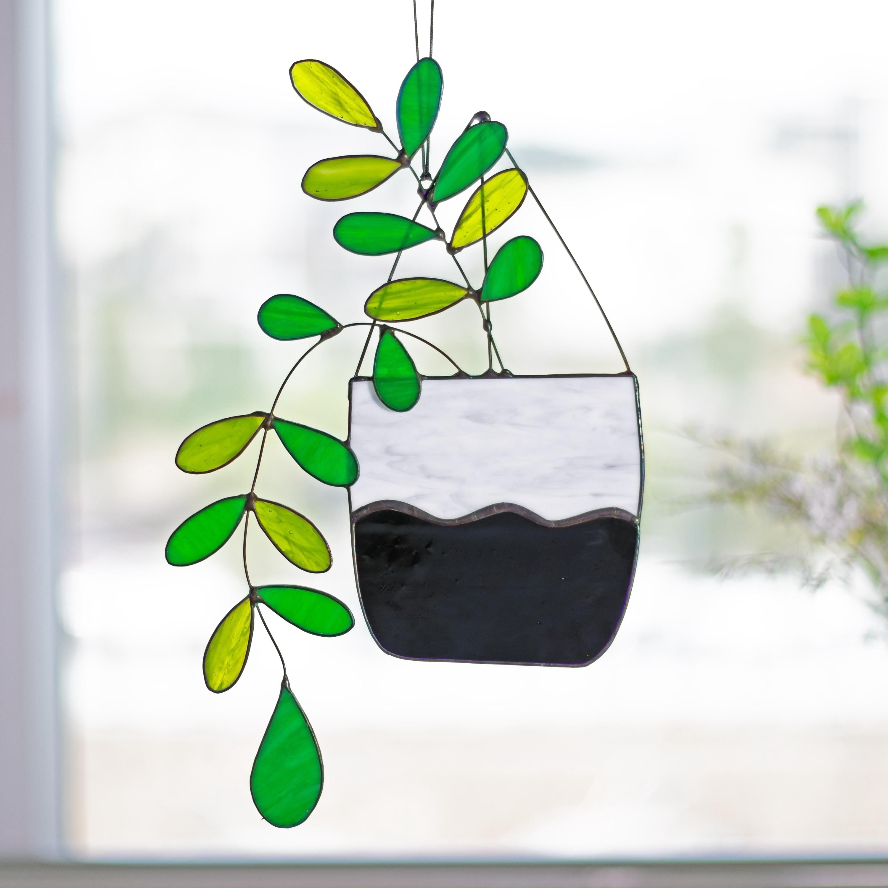 Large Boho Plant Stained Glass Hanging Plant Suncatcher Home Decor Glass Garden Decor Botanical Theme Home Art Decor, Garden Hanging