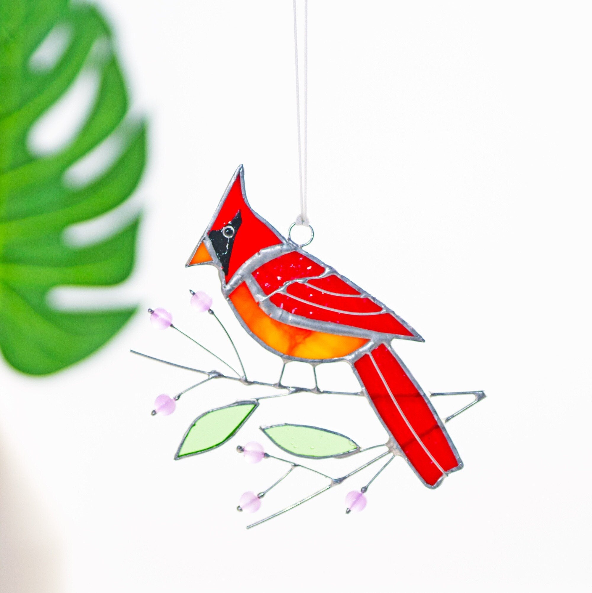 Cardinal stained glass window hangings Bird Branch Fathers Day gifts Stained glass bird suncatcher Cardinal gifts Custom stained glass decor