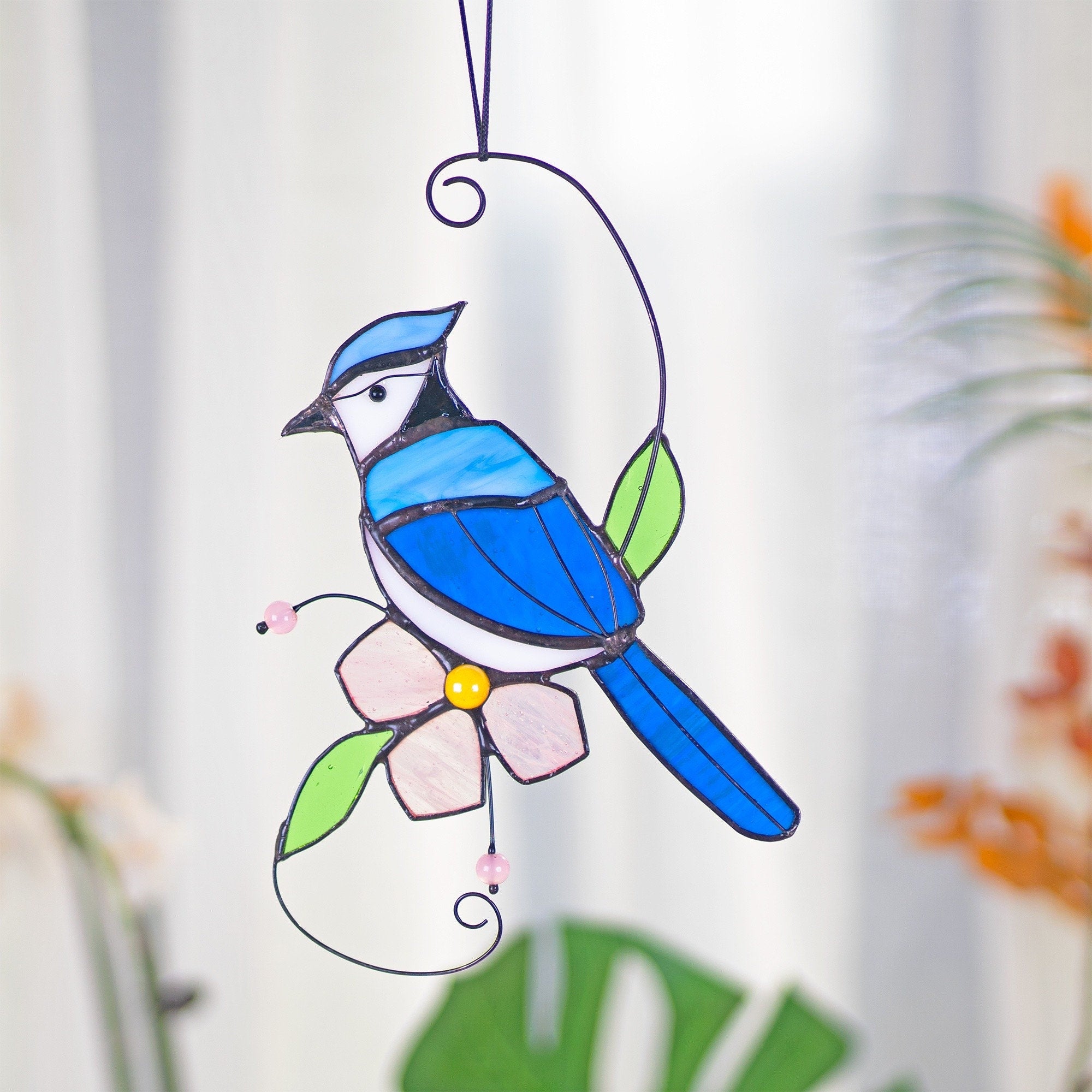 Blue jay stained glass bird suncatcher Blue jay feathers flower stained glass window hangings Blue jay art Stained glass Mothers Day gift