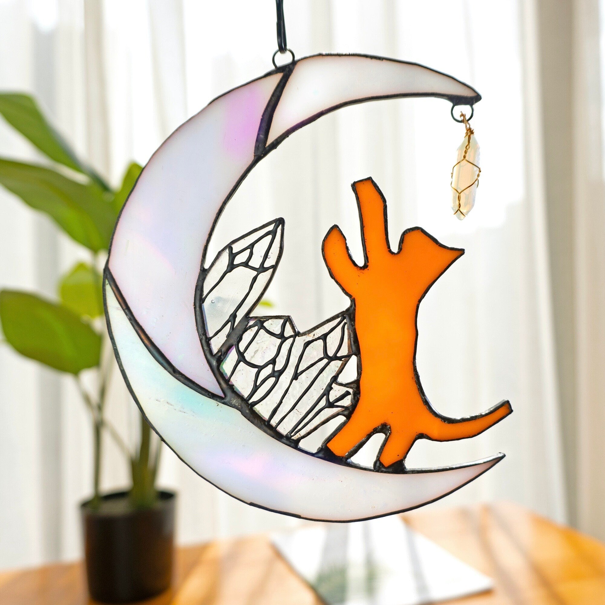 Cat on Moon Stained Glass Suncatcher Window Hanging Cat Memorial Gifts for Loss of Cat Decor, Cat Lover