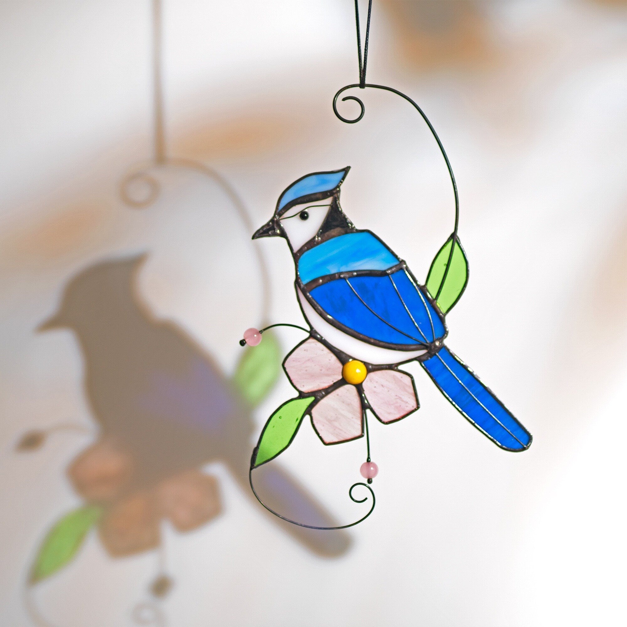 Blue jay stained glass bird suncatcher Blue jay feathers flower stained glass window hangings Blue jay art Stained glass Mothers Day gift