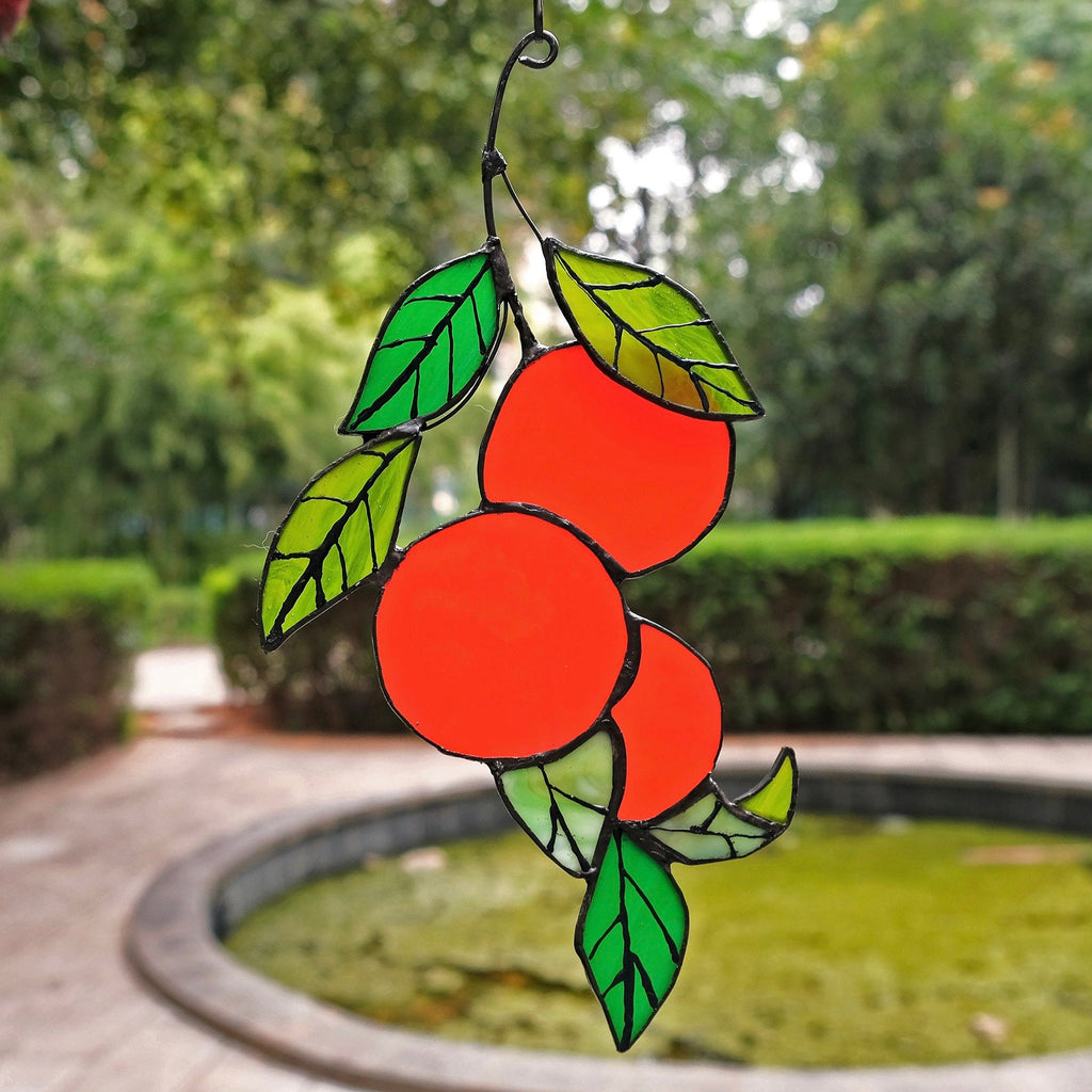 Orange branch Stained glass sun catcher window hanging suncatcher Orange tree leaves pendant fruit plant lover garden gift for christmas