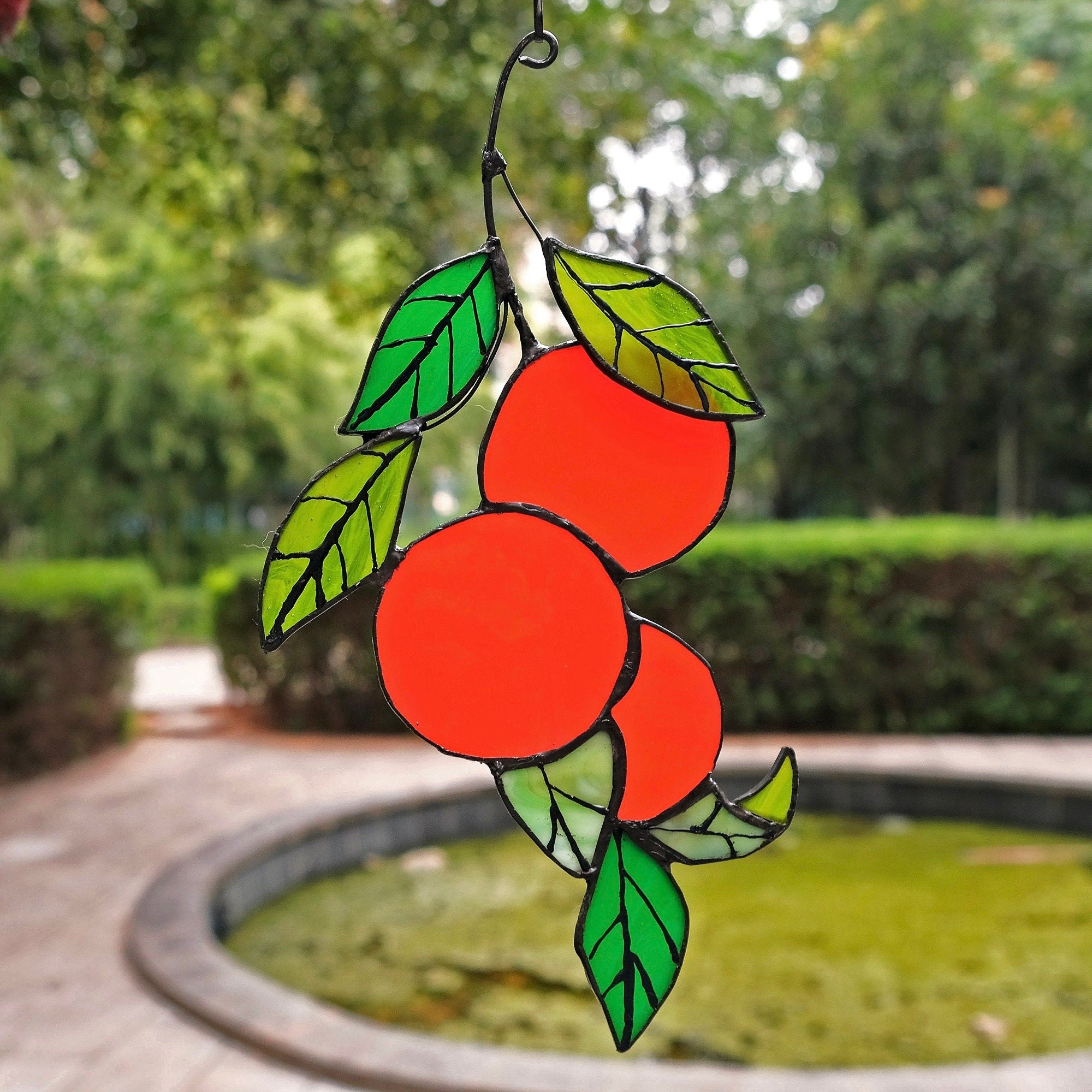 Orange branch Stained glass sun catcher window hanging suncatcher Orange tree leaves pendant fruit plant lover garden gift for christmas