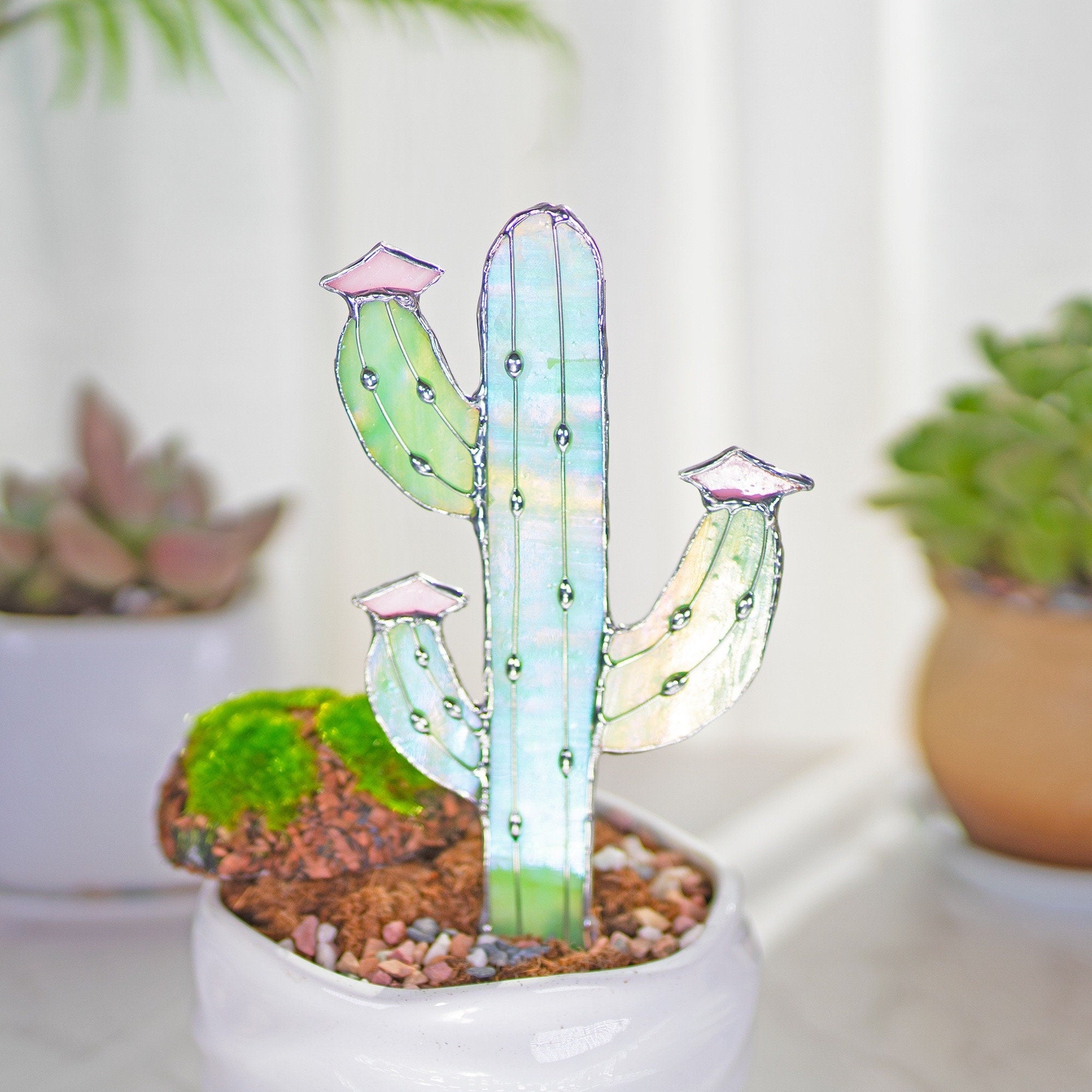 Cactus Stained Glass Stake cacti Arizona Ornament Succulent Plant Sun Catcher Desert Garden Wall Art Boho Handmade Decor mothers day gift