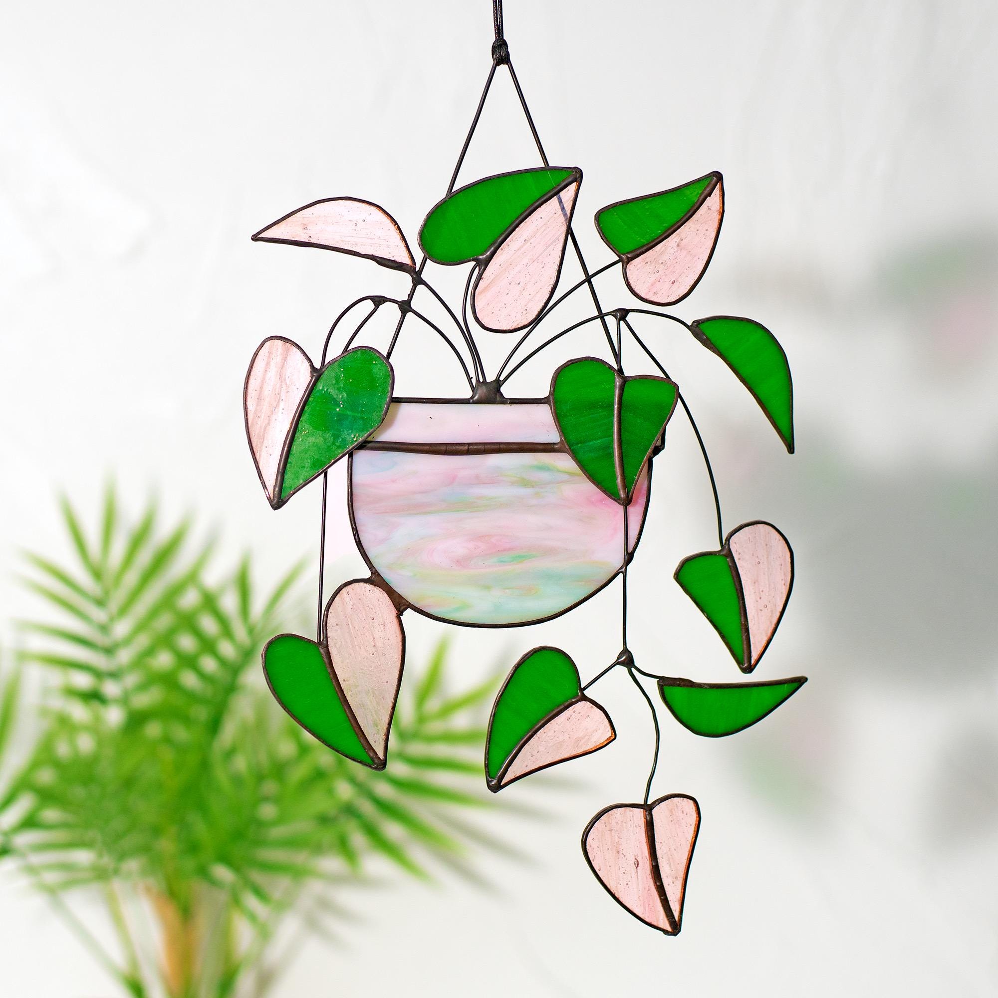Heart Pink Philodendron Plant Stained Glass Hanging Plant Suncatcher Home Decor Glass  Wall Art Garden Plant Boho home decor Hanging Plant