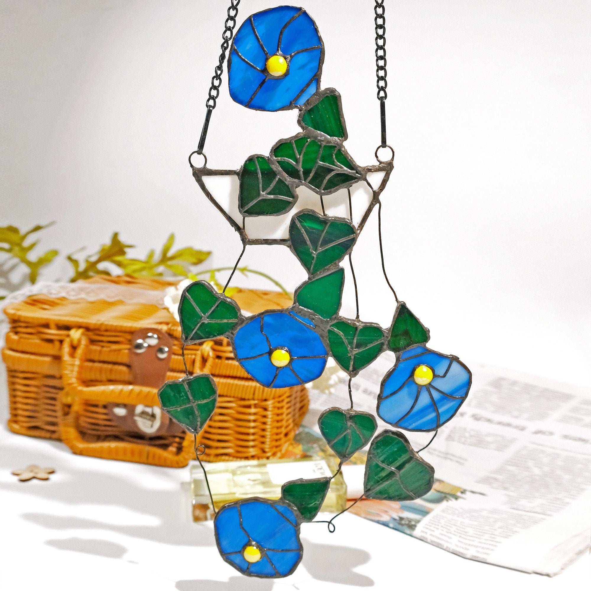 String of Hearts Morning Glory Stained Glass Window Hanging Fake Plant Hanging Suncatcher Plant Decor, Stained Glass Succulent, Flower