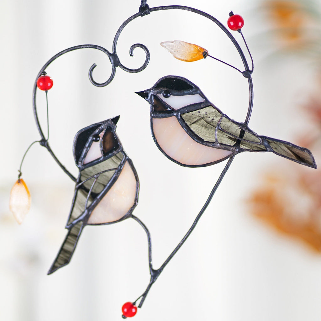 Chickadee Stained Glass Bird Sun Catcher Heart Stain Glass Bird Stained Glass Couple Window Hangings Mothers Day gift Bird