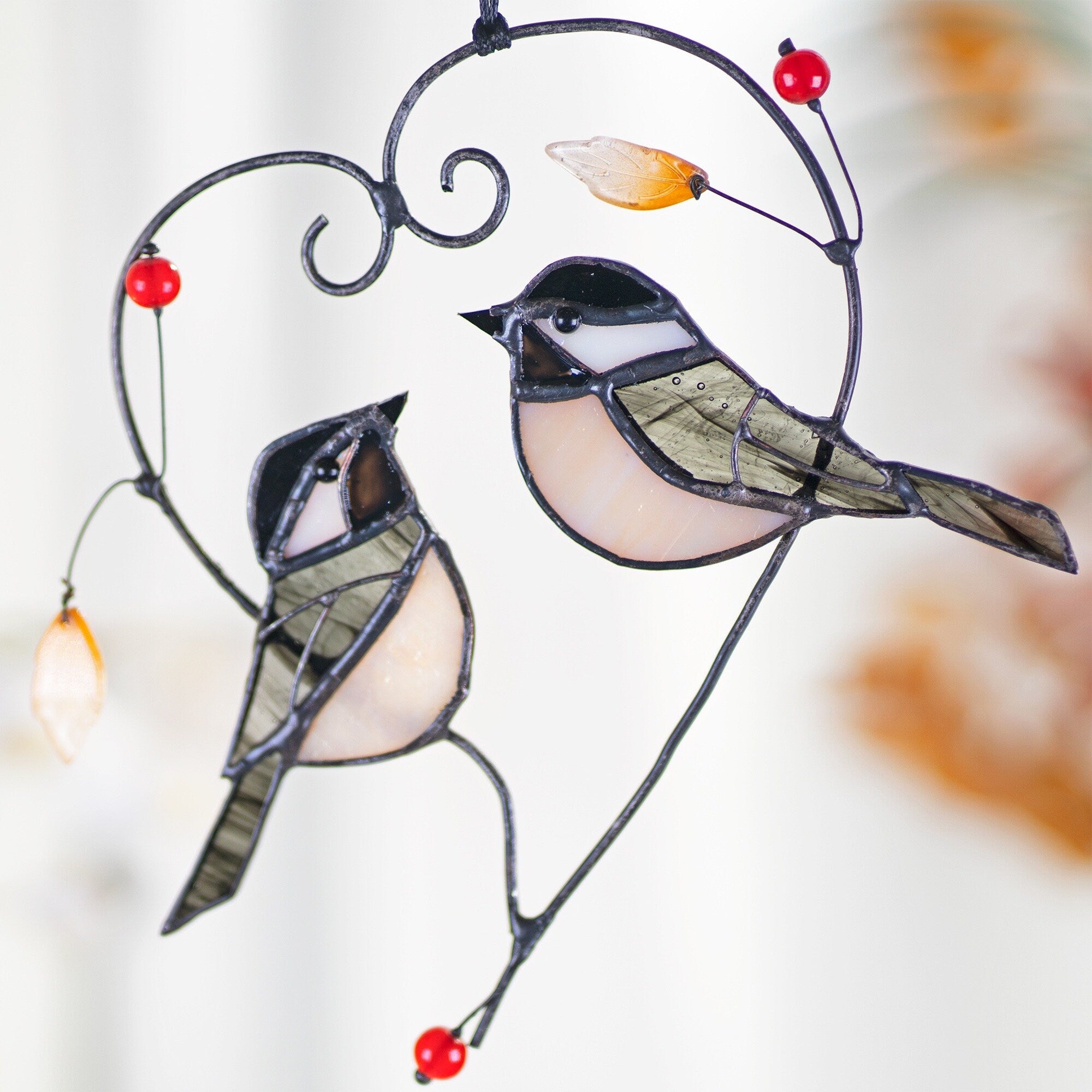 Chickadee Stained Glass Bird Sun Catcher Heart Stain Glass Bird Stained Glass Couple Window Hangings Mothers Day gift Bird