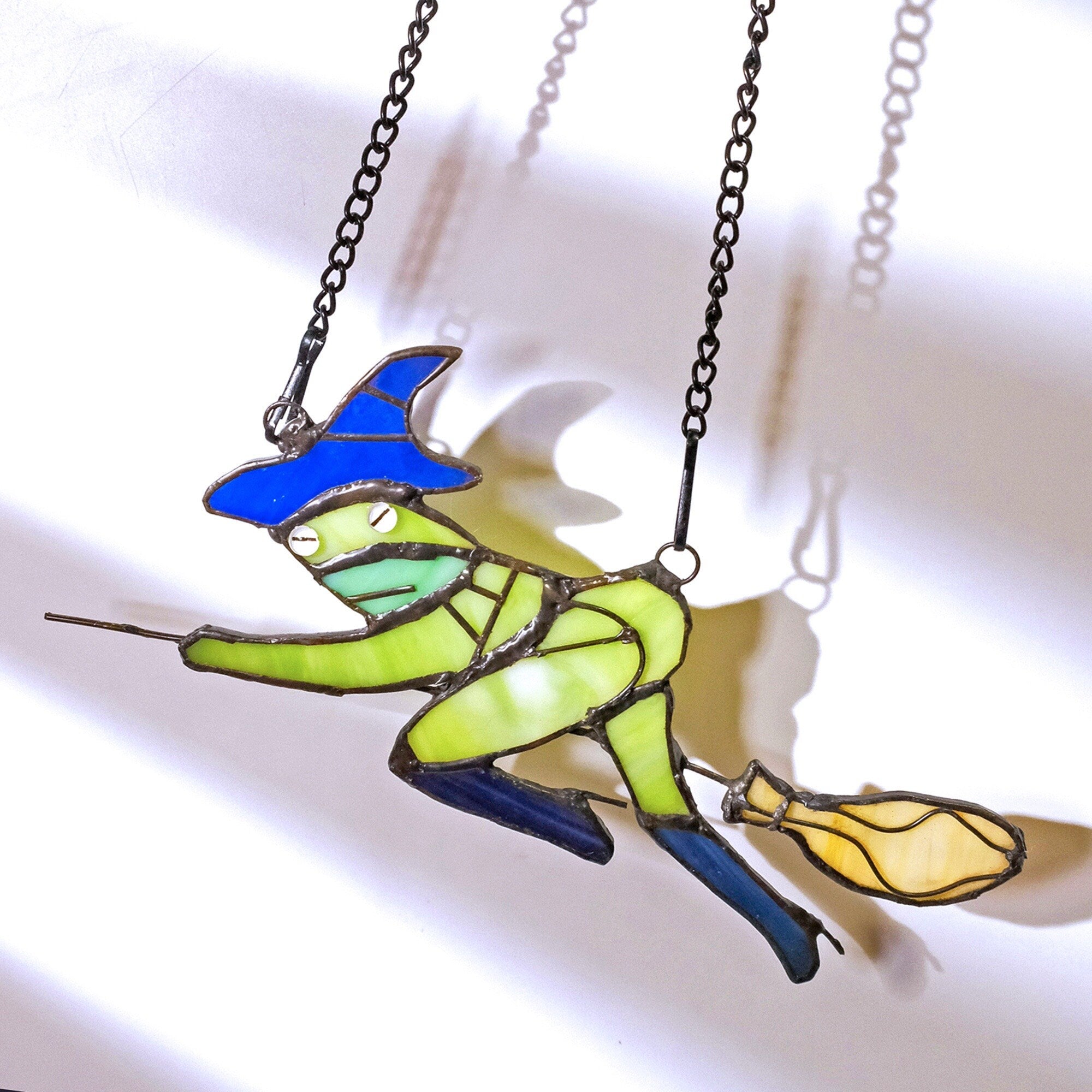 Witch Hat Frog on Broom Stained Glass Window Hanging Witch Suncatcher Witch Decor, Witchy Gifts Decoration for Her