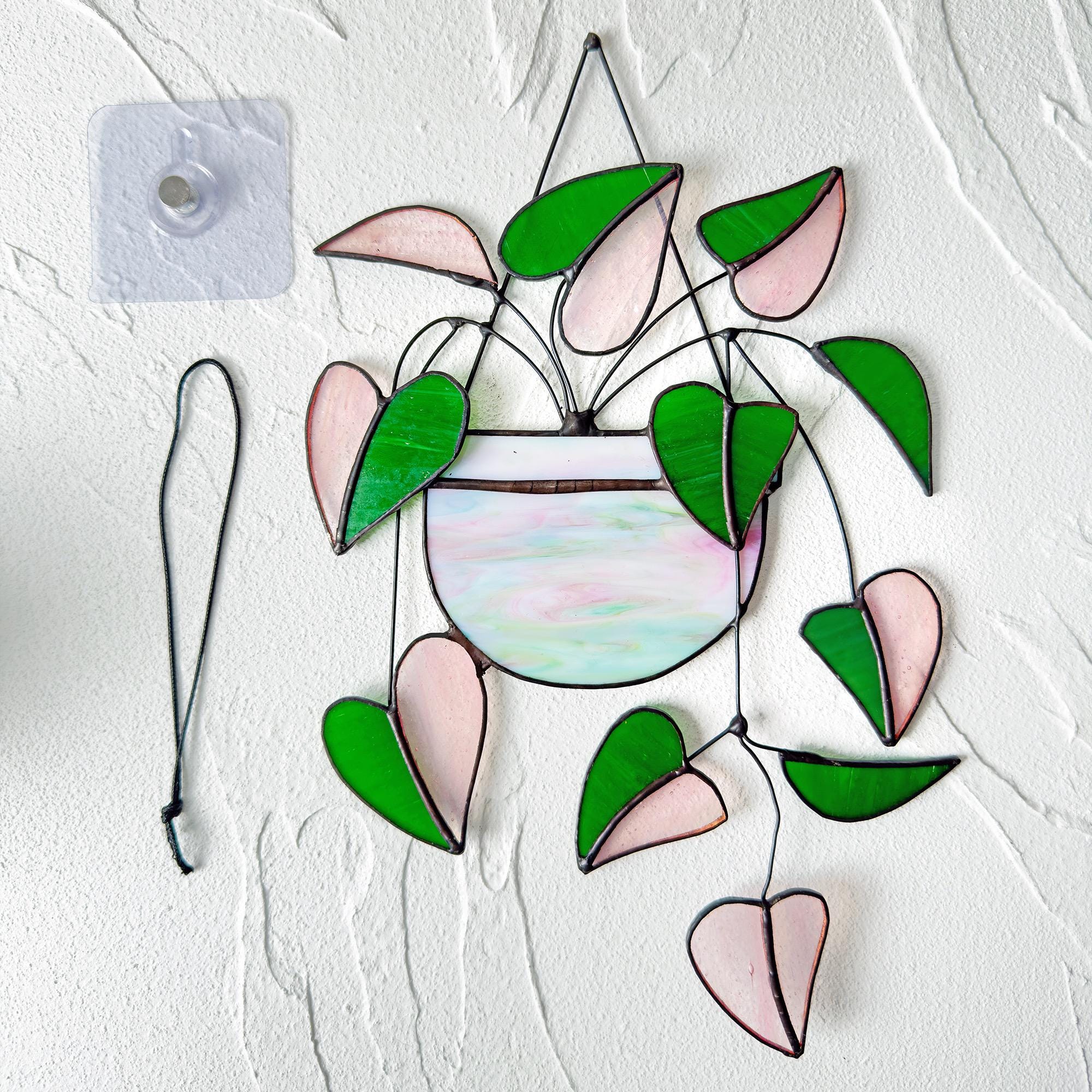Heart Pink Philodendron Plant Stained Glass Hanging Plant Suncatcher Home Decor Glass  Wall Art Garden Plant Boho home decor Hanging Plant