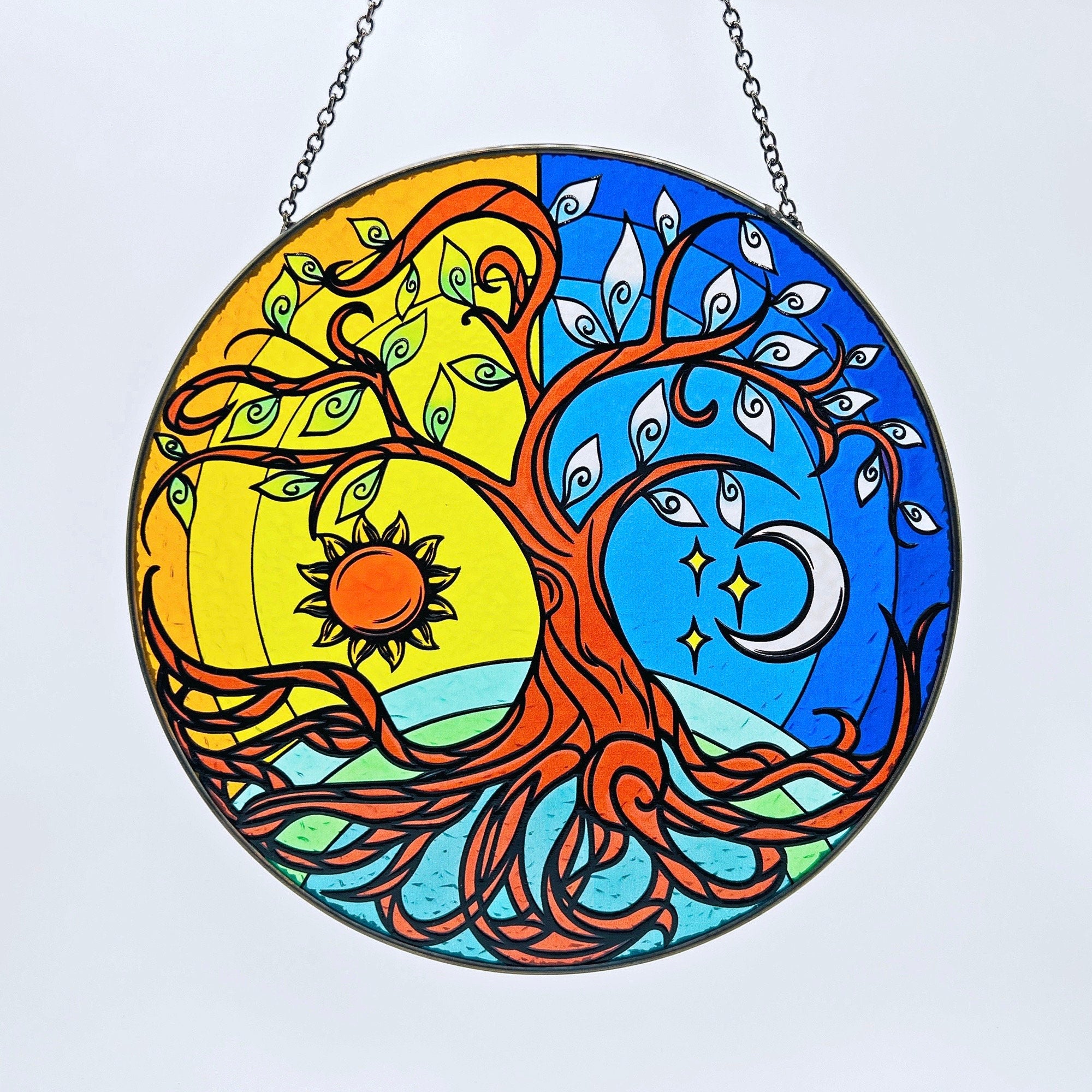 Tree of Life with Sun and Moon Stained Glass Window Hanging Suncatcher Yin Yang with Gradient Colors, Hand-Painted Glass Panel Decor