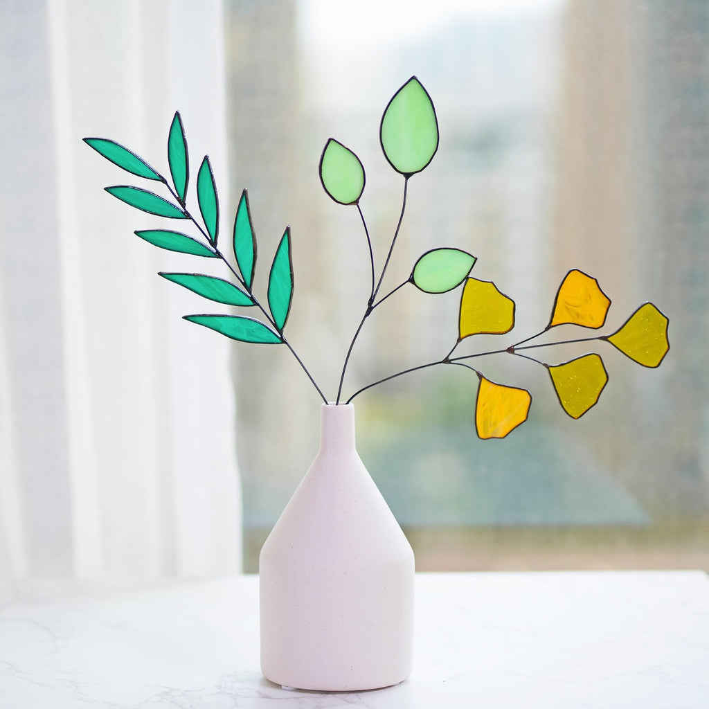 Wildflower Stained Glass Leaves Plant Suncatcher Boho Flower Bouquet Glass Art Mothday Day Gift,Plants Nature Flowers In Vase Home Decor
