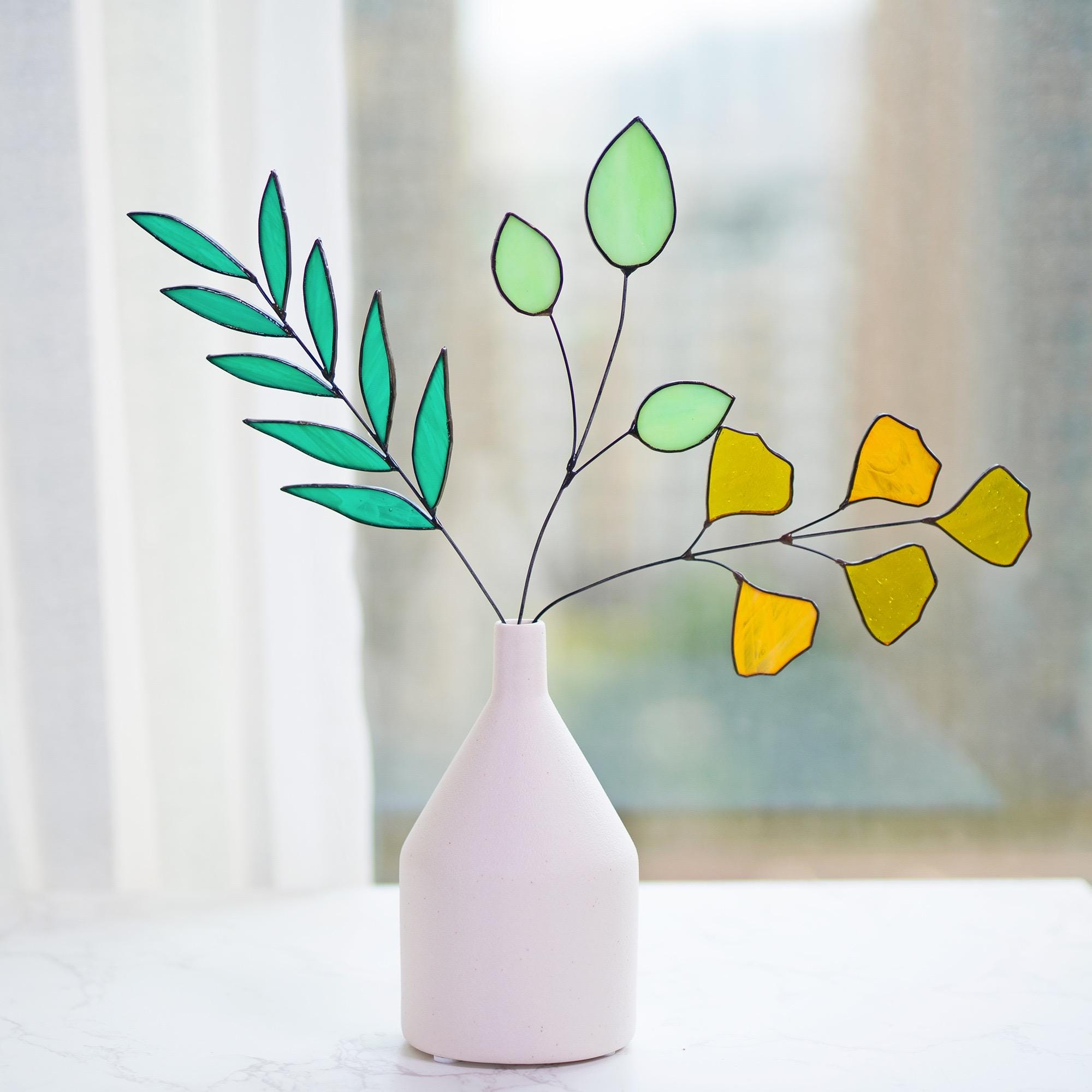 Wildflower Stained Glass Leaves Plant Suncatcher Boho Flower Bouquet Glass Art Mothday Day Gift,Plants Nature Flowers In Vase Home Decor