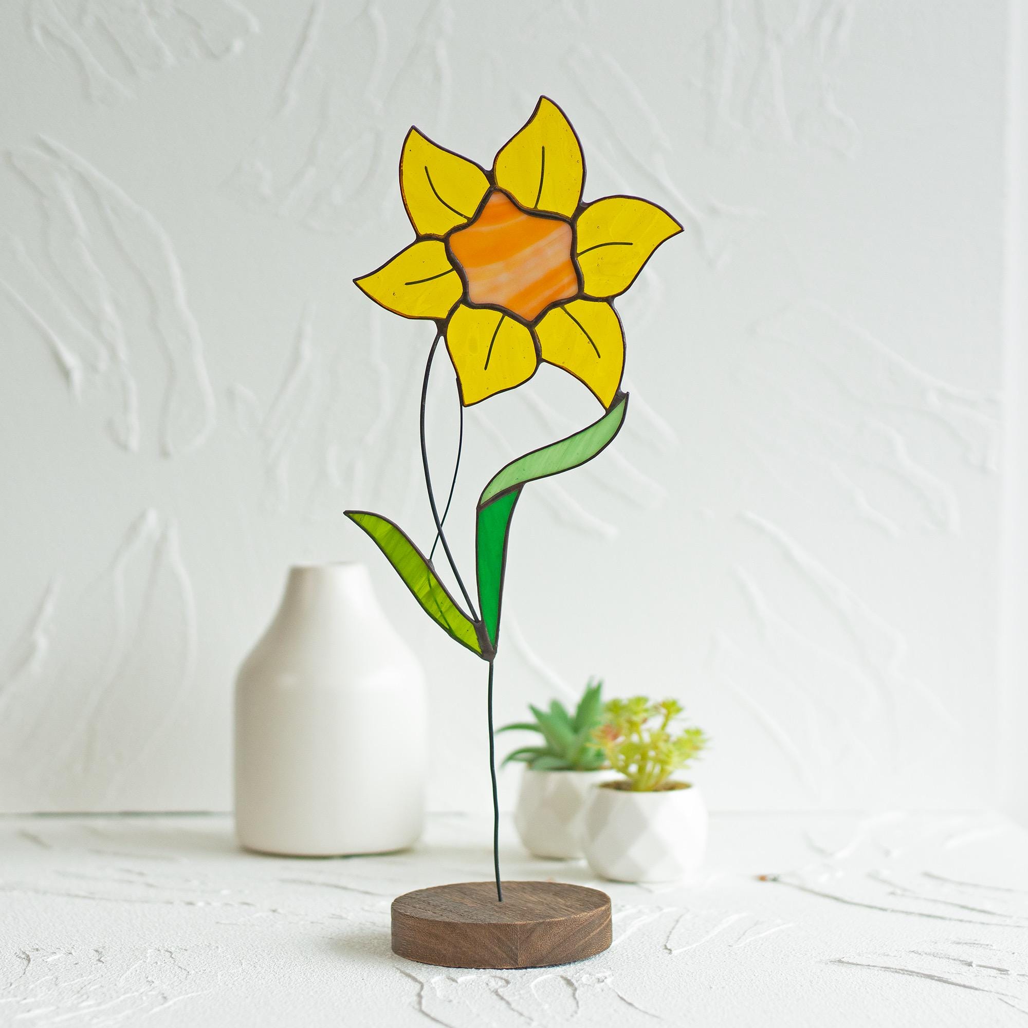 Daffodil Plant Stake Stained Glass Flower Sun Catcher Daffodil Decoration Pot Decoration Stain Glass Garden Decorative Decor Gift for Women