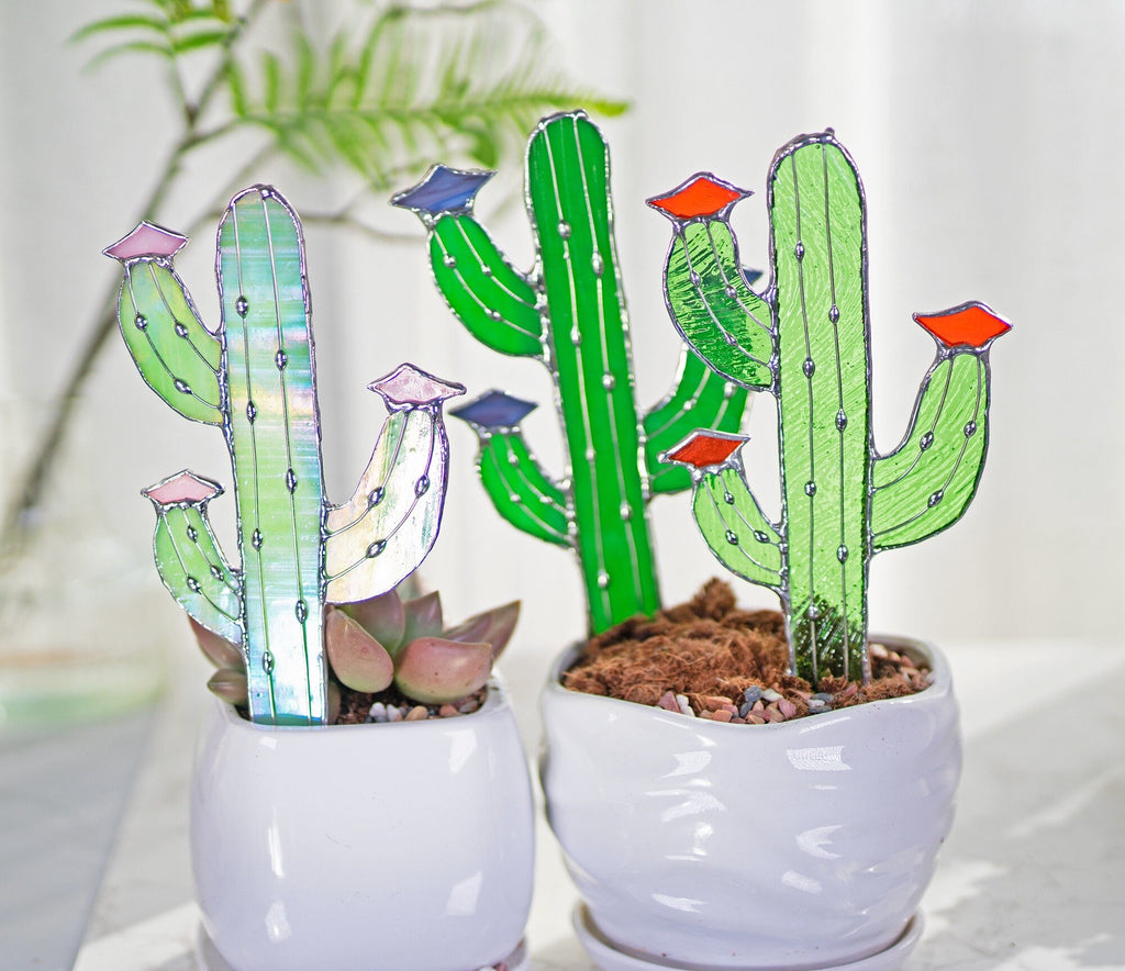Cactus Stained Glass Stake cacti Arizona Ornament Succulent Plant Sun Catcher Desert Garden Wall Art Boho Handmade Decor mothers day gift