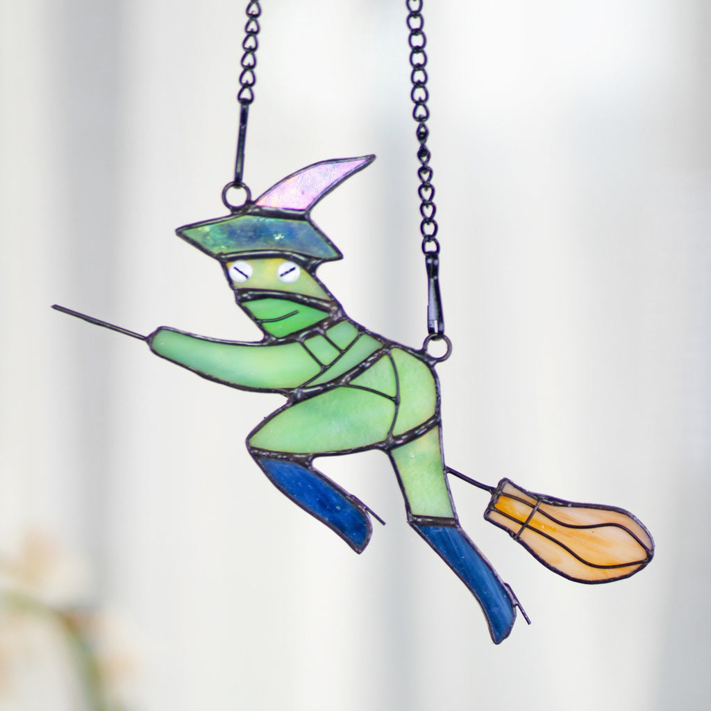 Witch Hat Frog on Broom Stained Glass Window Hanging Witch Suncatcher Witch Decor, Witchy Gifts Decoration for Her