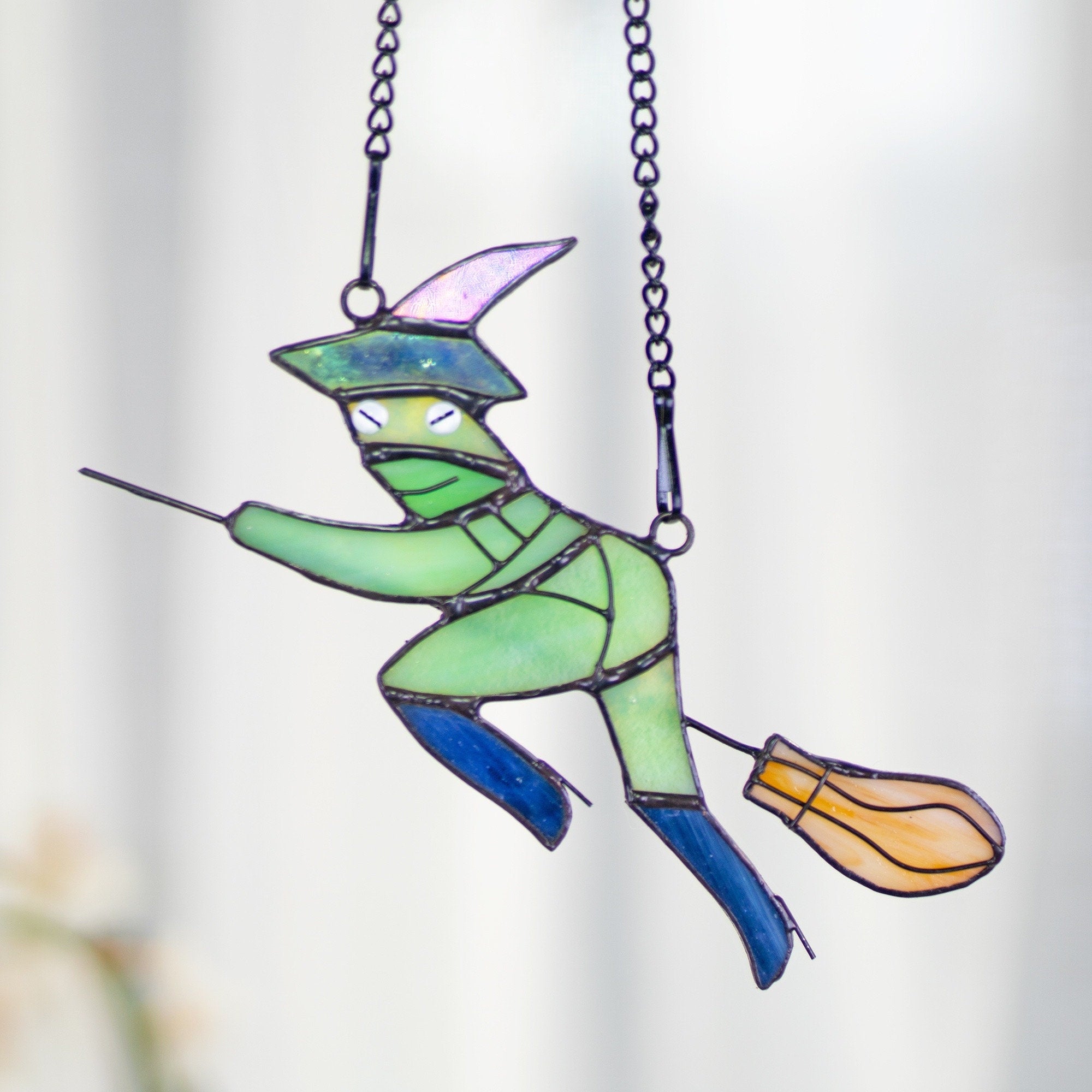 Witch Hat Frog on Broom Stained Glass Window Hanging Witch Suncatcher Witch Decor, Witchy Gifts Decoration for Her
