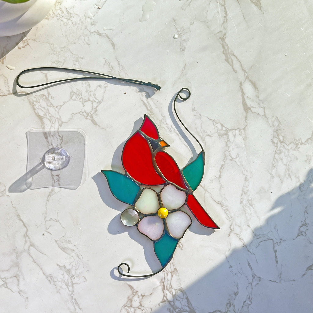 Cardinal stained glass window hangings Cardinal bird suncatcher Mothers Day gift bird stained glass flower cardinal suncatcher Cardinal gift