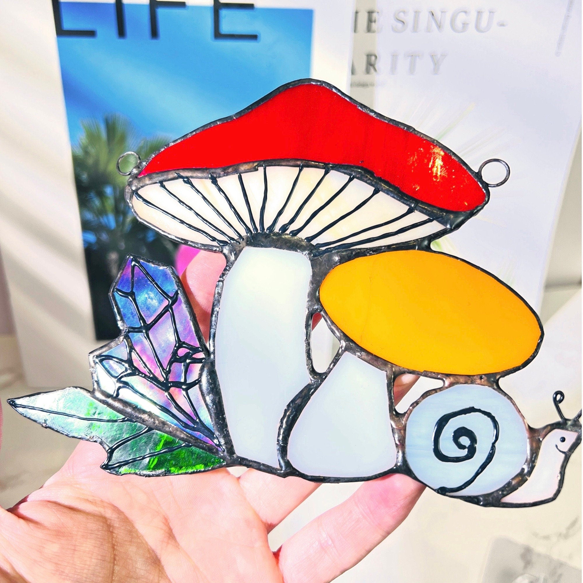 Mushroom Snail Stained Glass Suncatcher Decor Stained Glass Window Hanging Amanita Boletus Sun Catcher Wall Art Decoration Gifts for Her