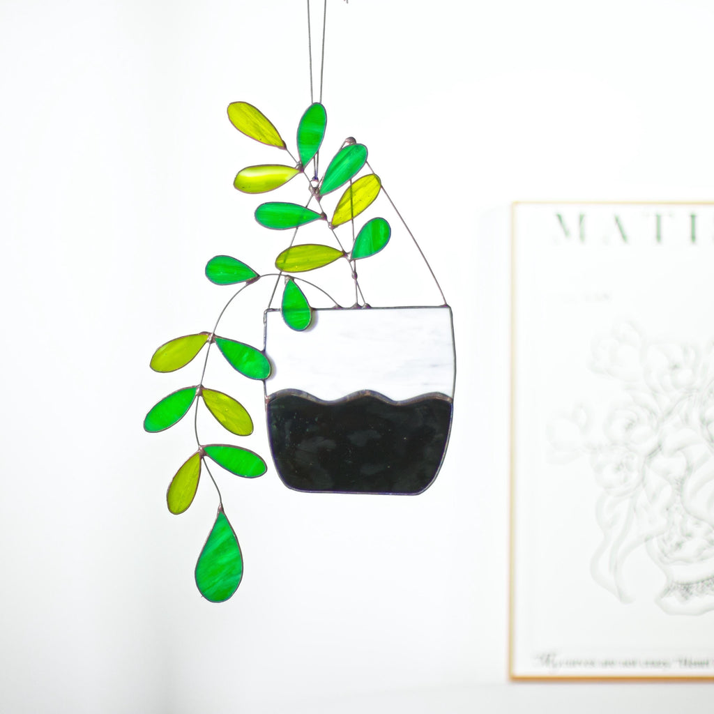 Large Boho Plant Stained Glass Hanging Plant Suncatcher Home Decor Glass Garden Decor Botanical Theme Home Art Decor, Garden Hanging