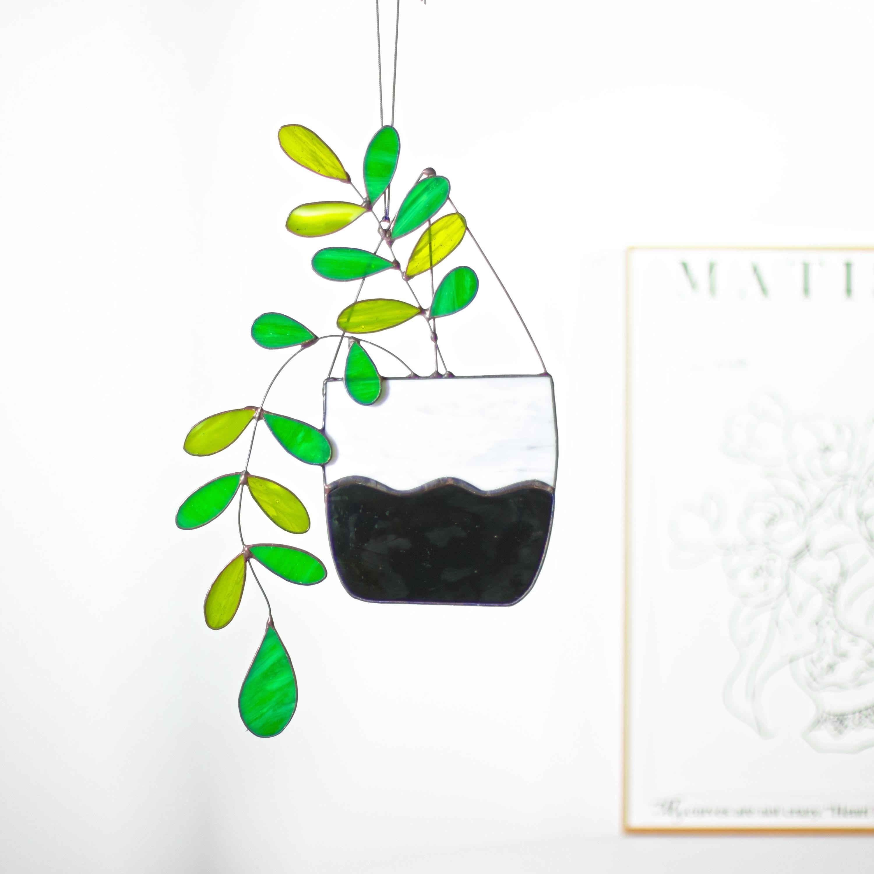 Large Boho Plant Stained Glass Hanging Plant Suncatcher Home Decor Glass Garden Decor Botanical Theme Home Art Decor, Garden Hanging