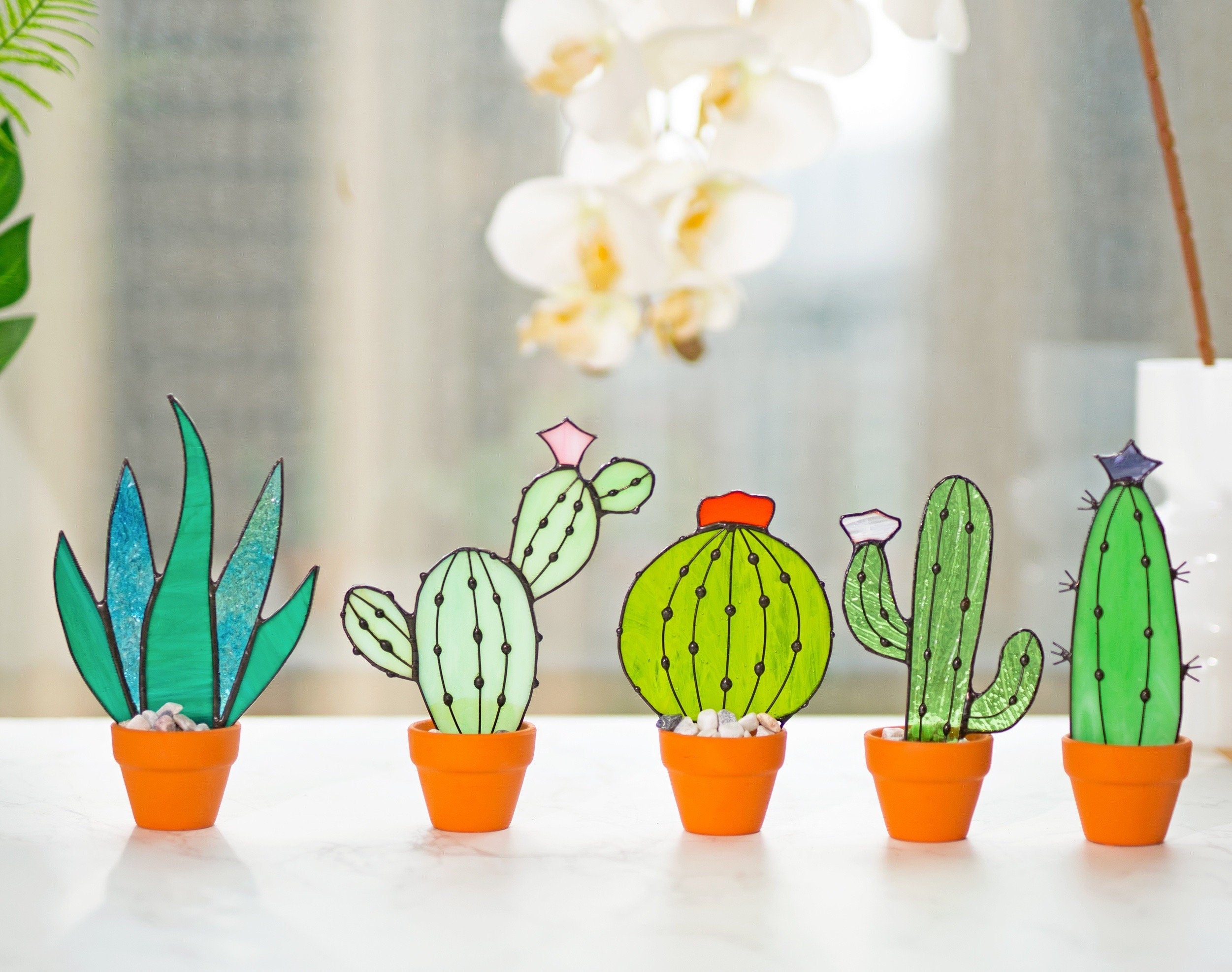 Cactus Plant Stained Glass Succulents Plants Suncatcher Cactus Decor Garden Decor Plants Glass Art, Artificial House Plant,Birthday Gifts