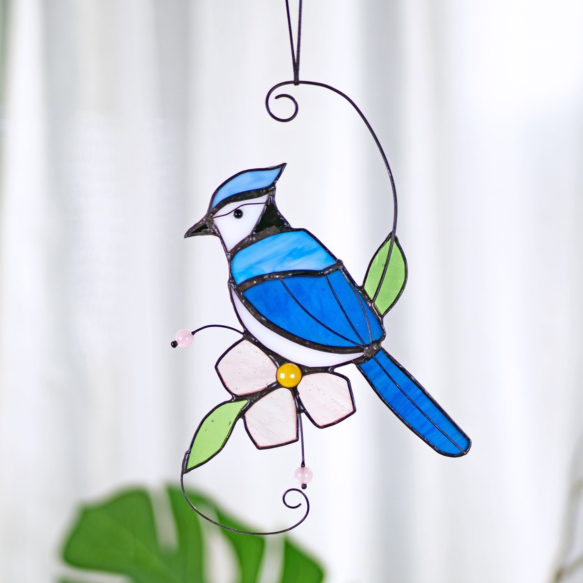 Blue jay stained glass bird suncatcher Blue jay feathers flower stained glass window hangings Blue jay art Stained glass Mothers Day gift