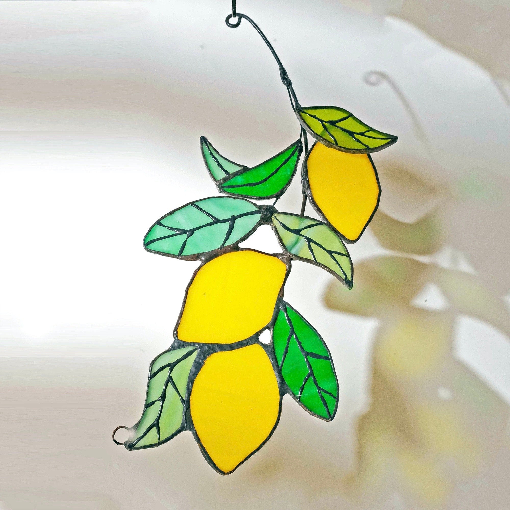 Lemon branch Stained Glass Suncatcher Window Hangings Lemon Tree Leaves Plant Stain Glass Home Garden Decor Lemon Decorations Gift for Her