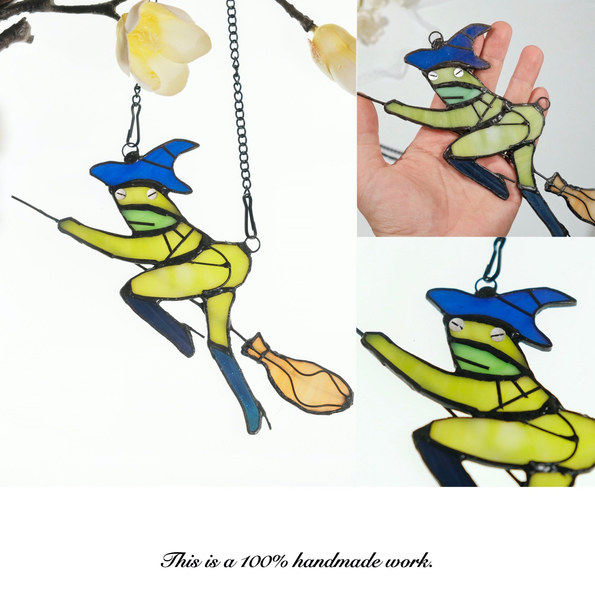 Witch Hat Frog on Broom Stained Glass Window Hanging Witch Suncatcher Witch Decor, Witchy Gifts Decoration for Her