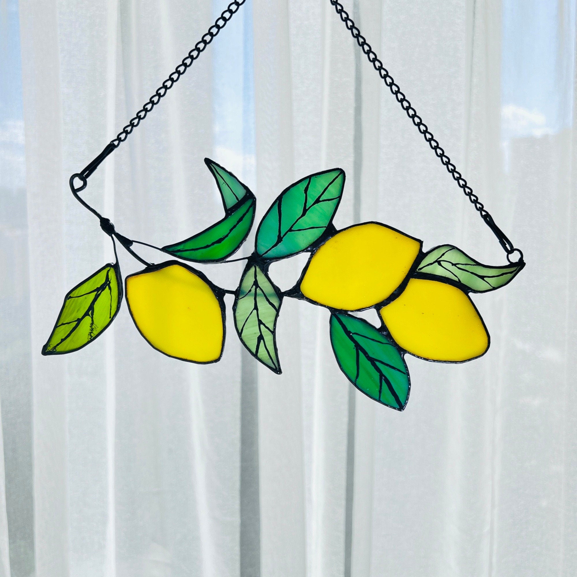 Lemon branch Stained Glass Suncatcher Window Hangings Lemon Tree Leaves Plant Stain Glass Home Garden Decor Lemon Decorations Gift for Her