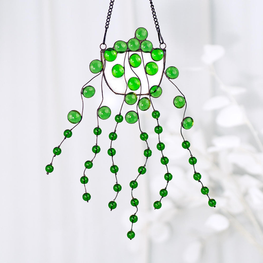 String of Pearls Hanging Plant Stained Glass Window Hanging Plants Suncatcher Home Decor Glass Wall Art Garden Plant Boho Home Decor