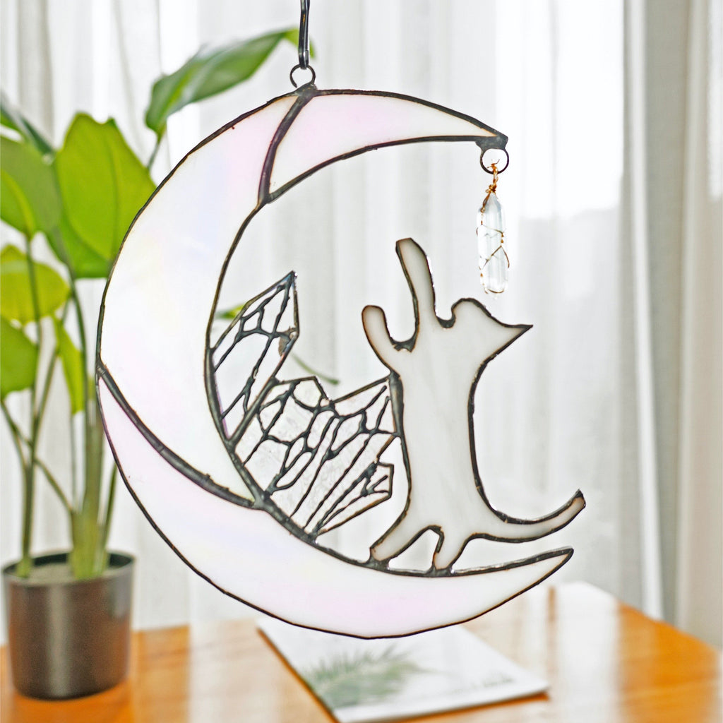 Cat on Moon Stained Glass Suncatcher Window Hanging Cat Memorial Gifts for Loss of Cat Decor, Cat Lover