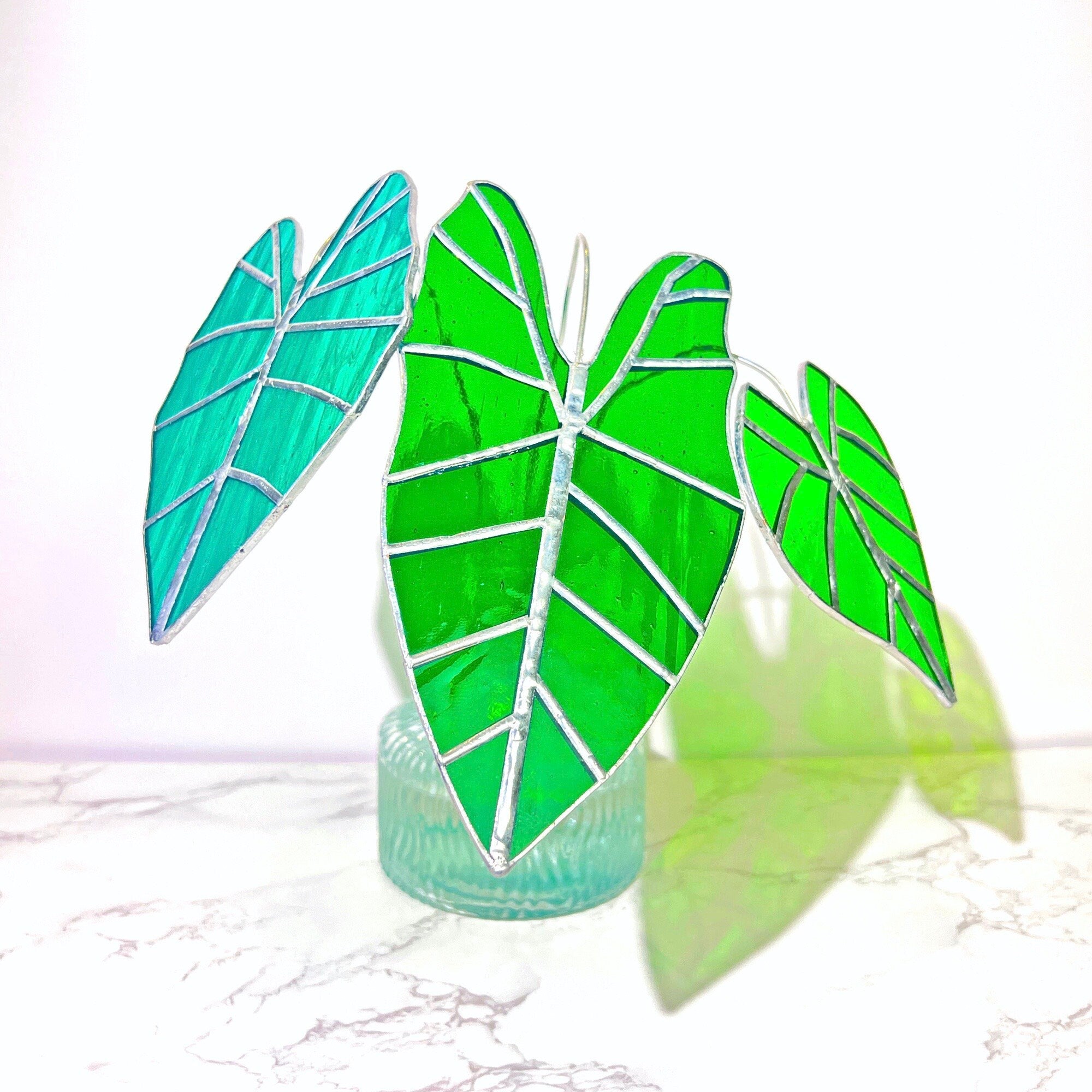 Alocasia Frydek Suncatcher 1 Set of 3 Table Stained Glass Decor,Fake Alocasia Frydek Plant, Stain Glass Plant Decor,House Plant,Home Decor