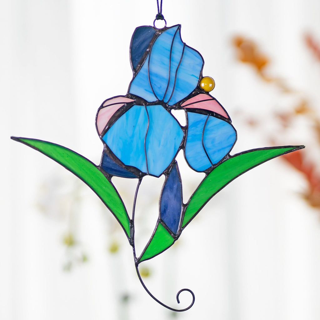 Iris Flower Stained Glass Sun Catcher Blue purple flower Stain Glass Window Hangings Wall decor gift for Mom Plant lover Mothers day Gift