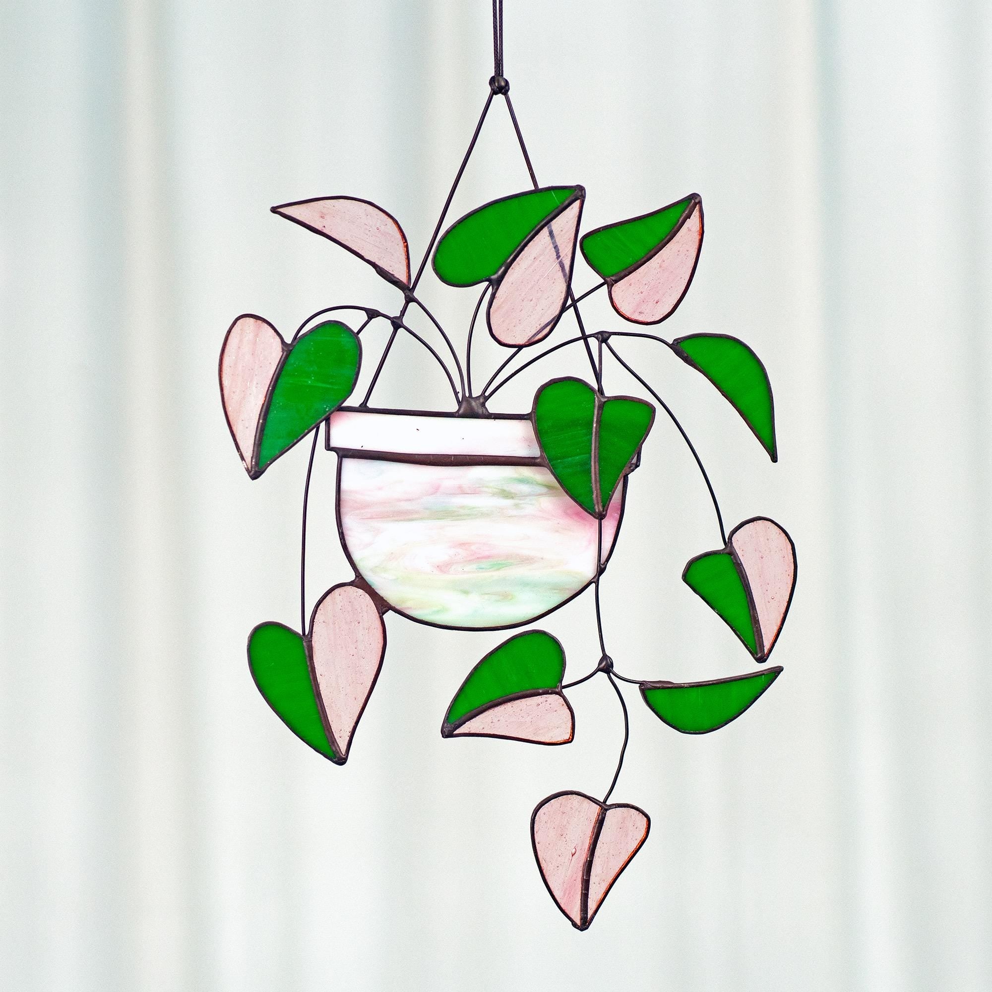 Heart Pink Philodendron Plant Stained Glass Hanging Plant Suncatcher Home Decor Glass  Wall Art Garden Plant Boho home decor Hanging Plant