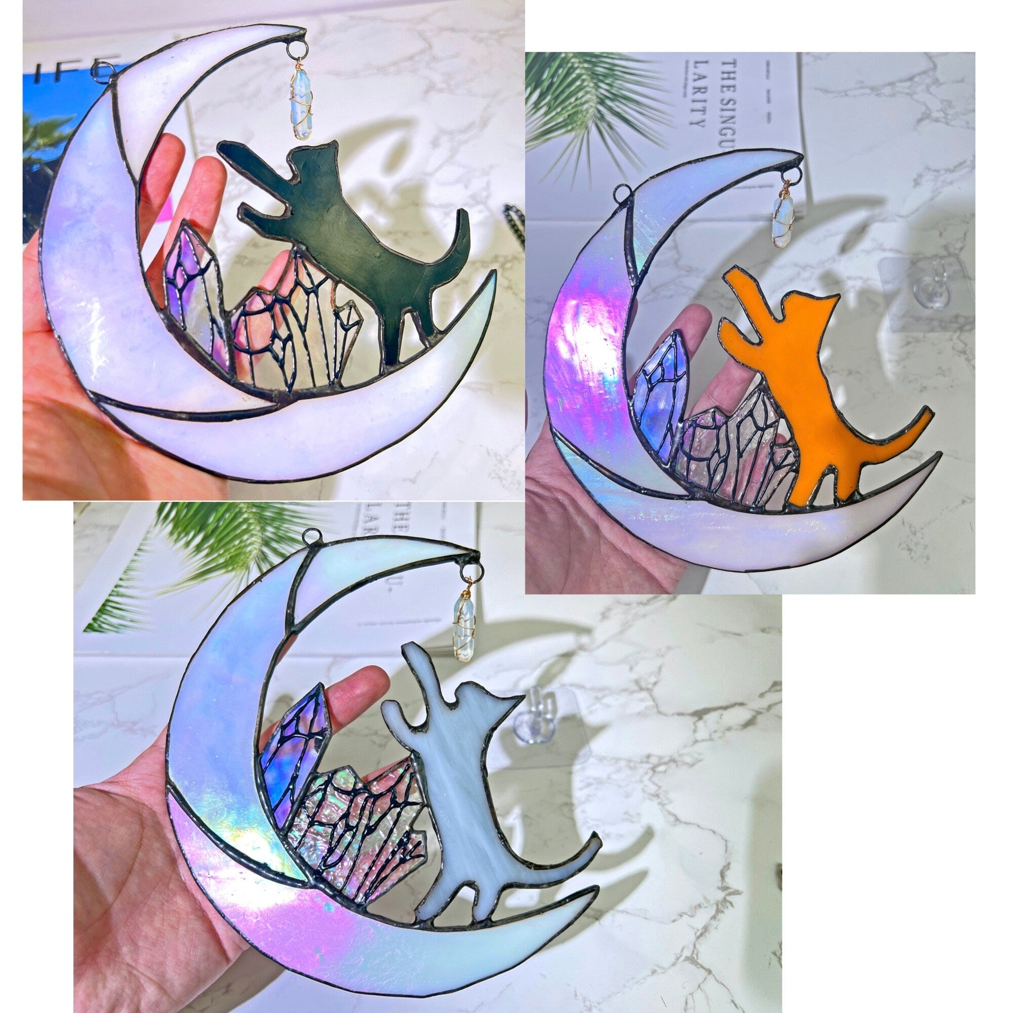 Cat on Moon Stained Glass Suncatcher Window Hanging Cat Memorial Gifts for Loss of Cat Decor, Cat Lover
