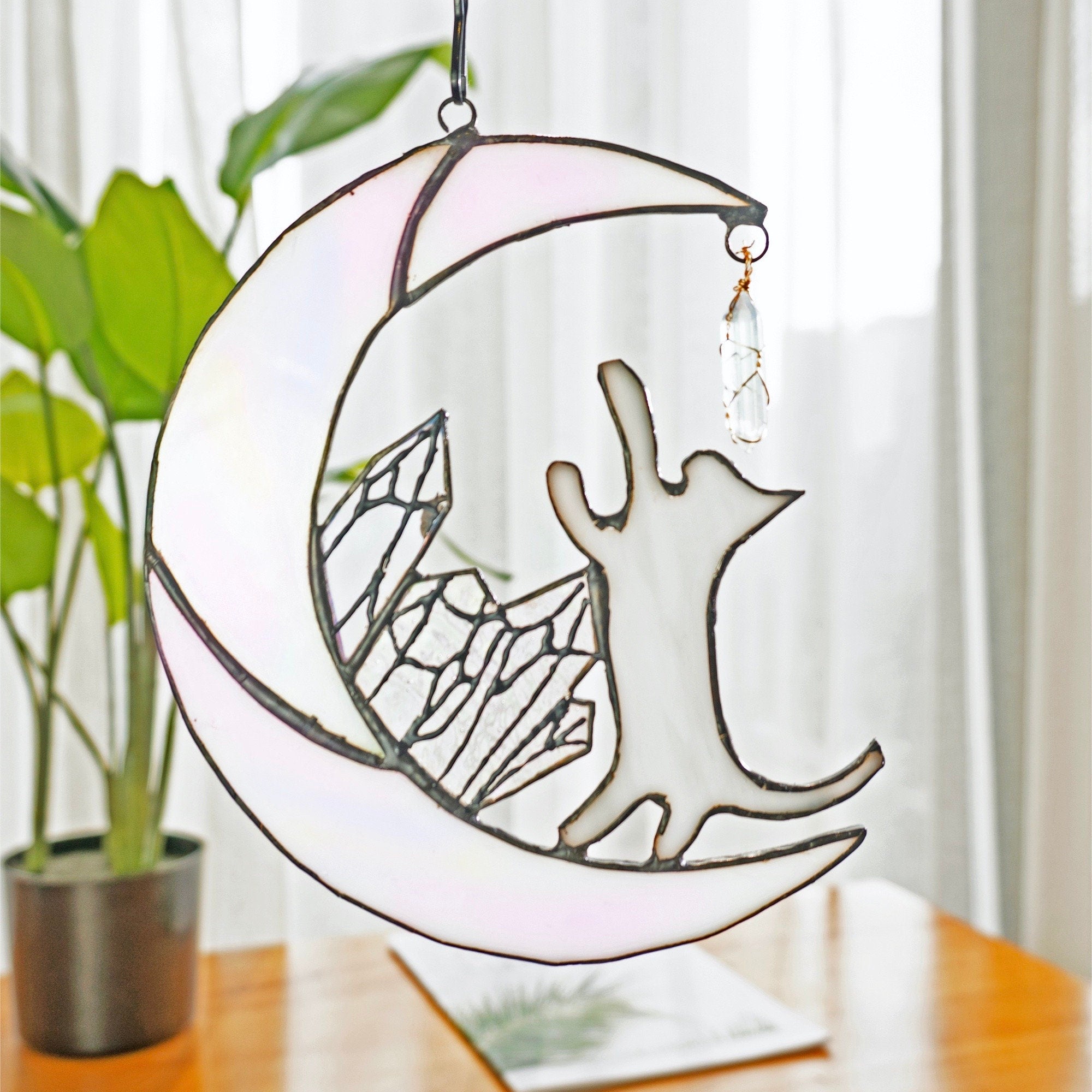 Cat on Moon Stained Glass Suncatcher Window Hanging Cat Memorial Gifts for Loss of Cat Decor, Cat Lover