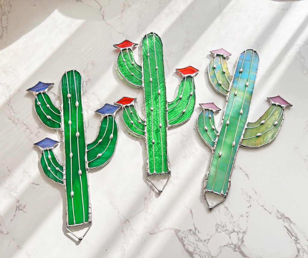 Cactus Stained Glass Stake cacti Arizona Ornament Succulent Plant Sun Catcher Desert Garden Wall Art Boho Handmade Decor mothers day gift