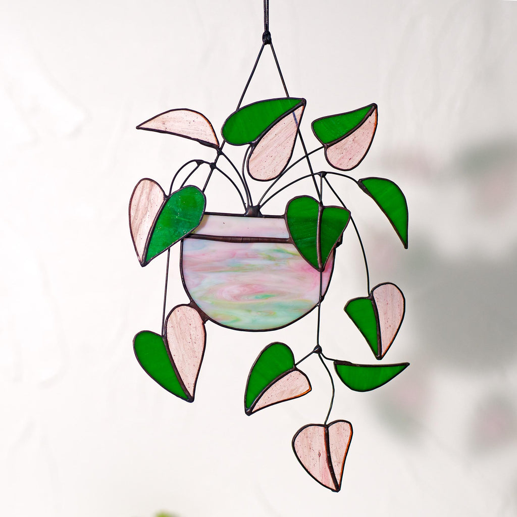 Heart Pink Philodendron Plant Stained Glass Hanging Plant Suncatcher Home Decor Glass  Wall Art Garden Plant Boho home decor Hanging Plant