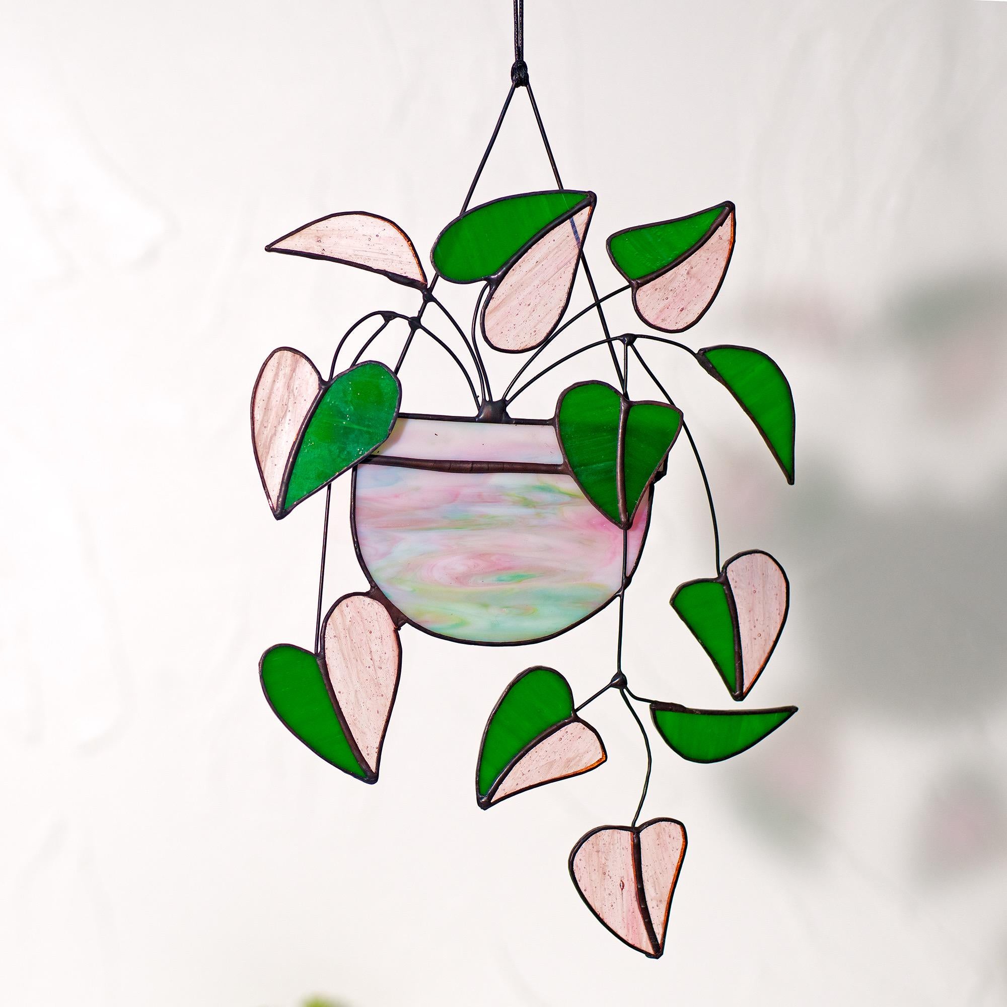 Heart Pink Philodendron Plant Stained Glass Hanging Plant Suncatcher Home Decor Glass  Wall Art Garden Plant Boho home decor Hanging Plant