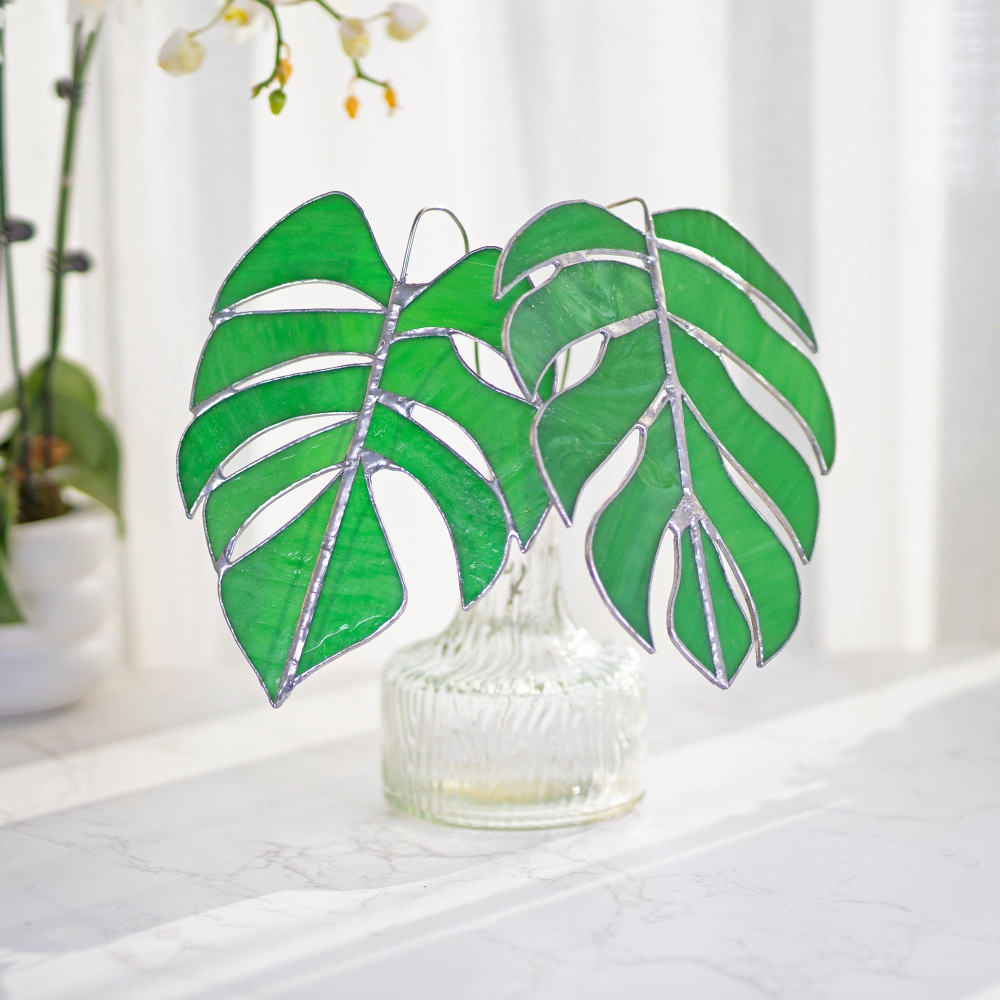 Monstera 1 set of 2 Table stained glass decor,Fake Monstera plant,Monstera plant decor,House Desk plant,Nature home decor, Nature Ornamen
