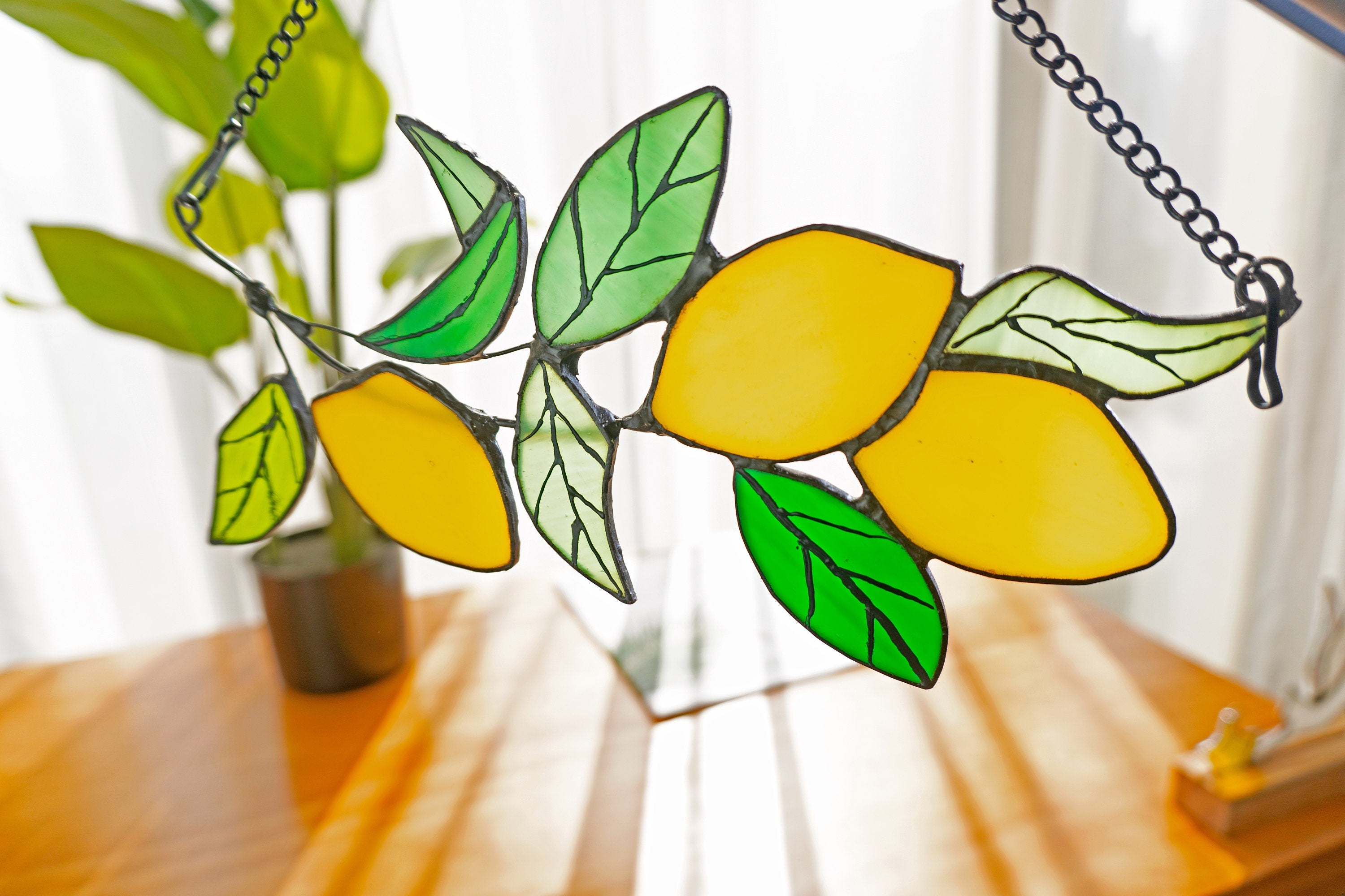 Lemon branch Stained Glass Suncatcher Window Hangings Lemon Tree Leaves Plant Stain Glass Home Garden Decor Lemon Decorations Gift for Her