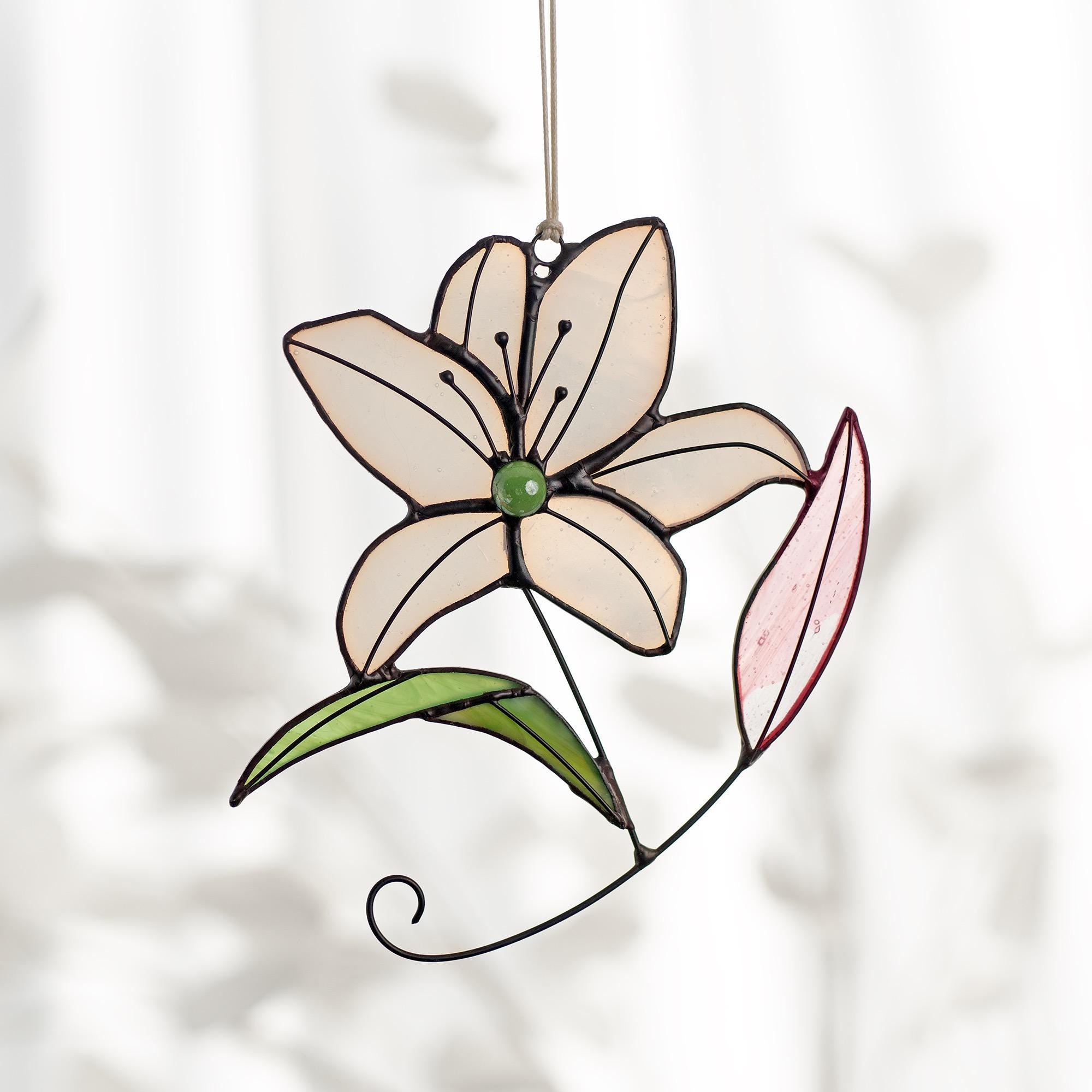 Women Birthday White Lily Flower Gift for Her, Floral Gift Stained Glass Window Hangings Suncatcher Anniversary Love Gifts for Mom Grandma