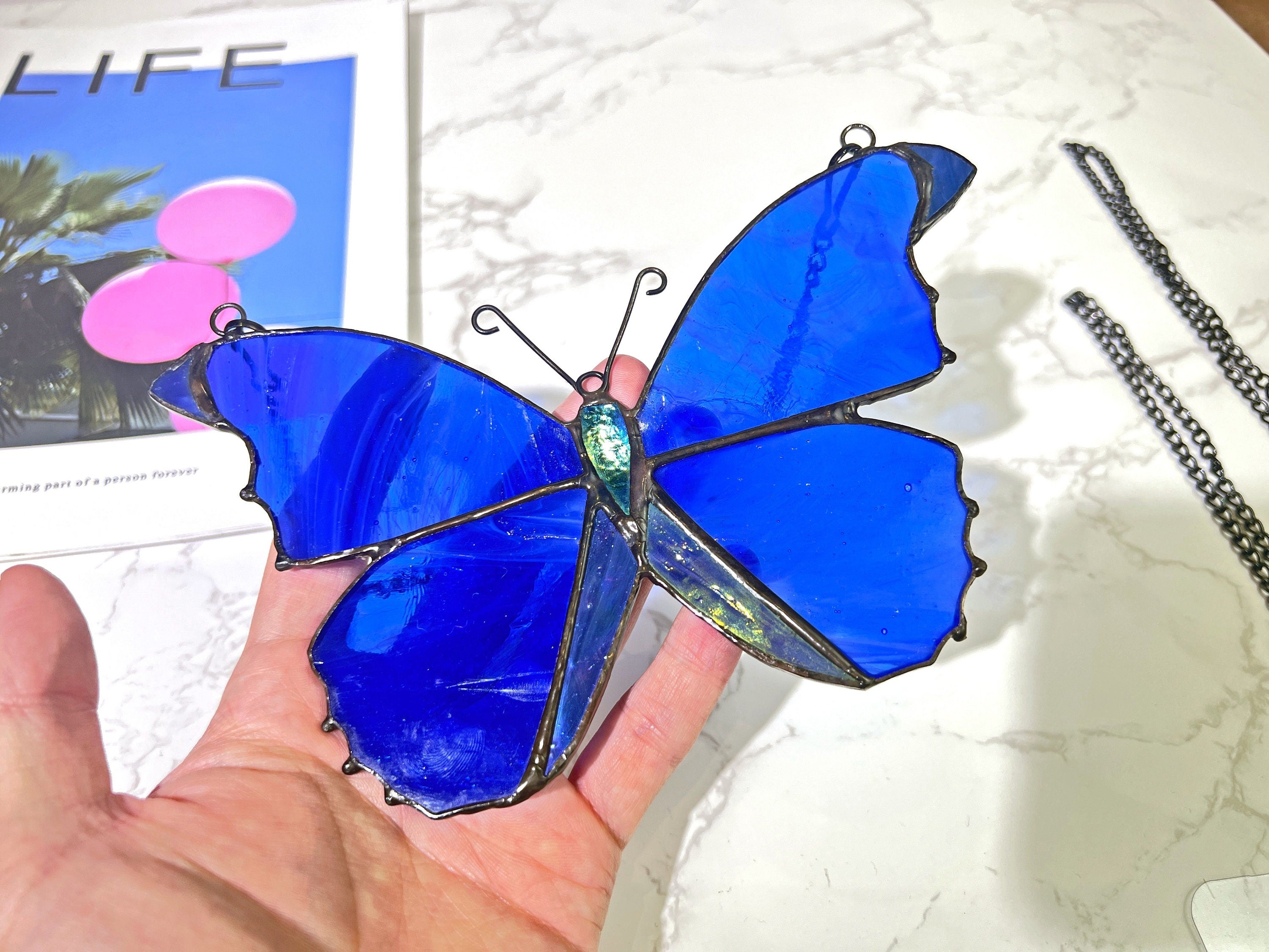 Morpho Butterfly Stained Glass Suncatcher Blue Butterfly Stain Glass Window Hanging Gift, Butterfly Wall Decor  Home Decoration Gift for Her