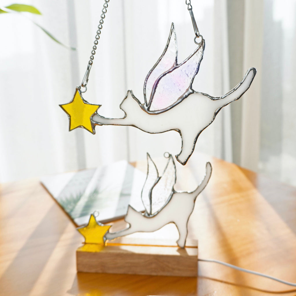 Angel Cat Stained Glass Suncatcher Lamp Window Hanging Cat Memorial Gifts for Loss of Cat Sympathy Gift for Cat Lover