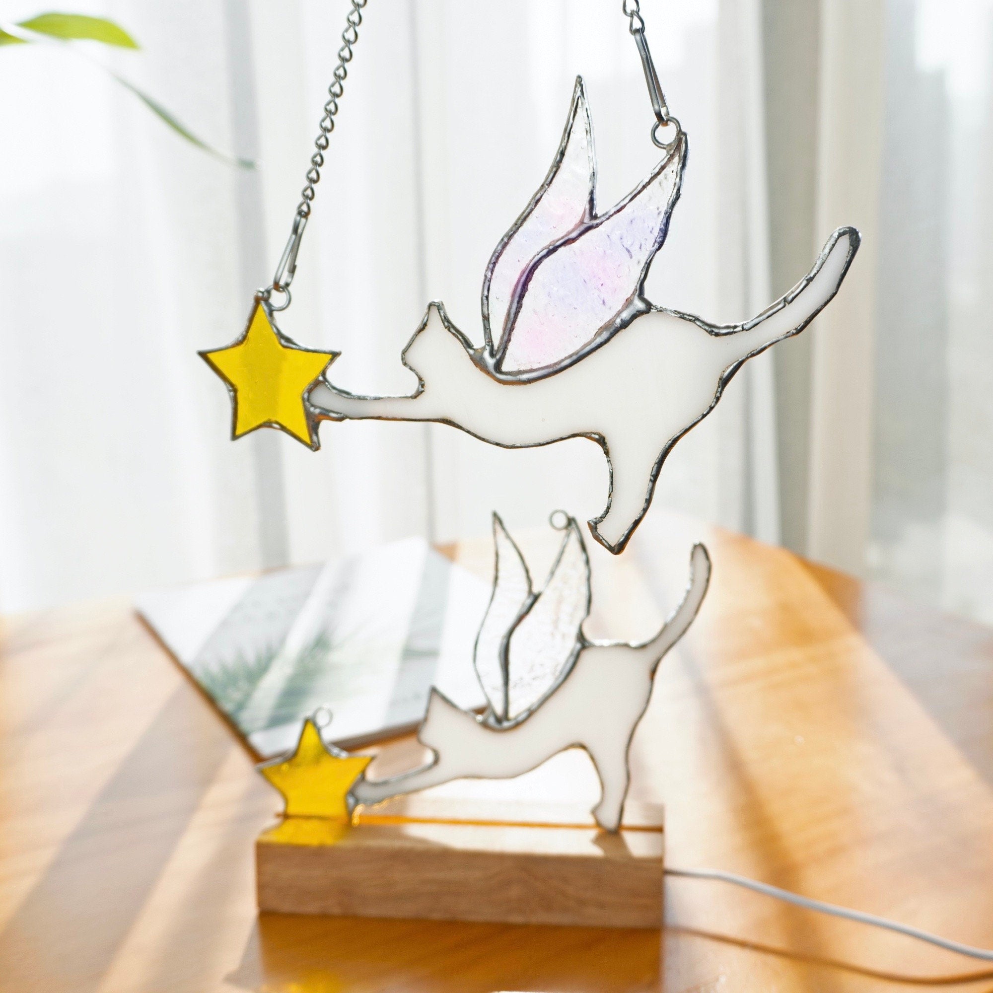 Angel Cat Stained Glass Suncatcher Lamp Window Hanging Cat Memorial Gifts for Loss of Cat Sympathy Gift for Cat Lover